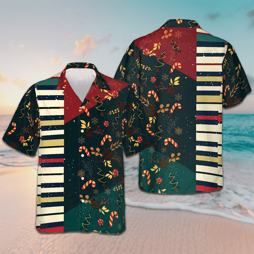 Christmas Pattern with Piano Hawaiian Shirt Christmas Button Up Shirt Gifts For Piano Lovers