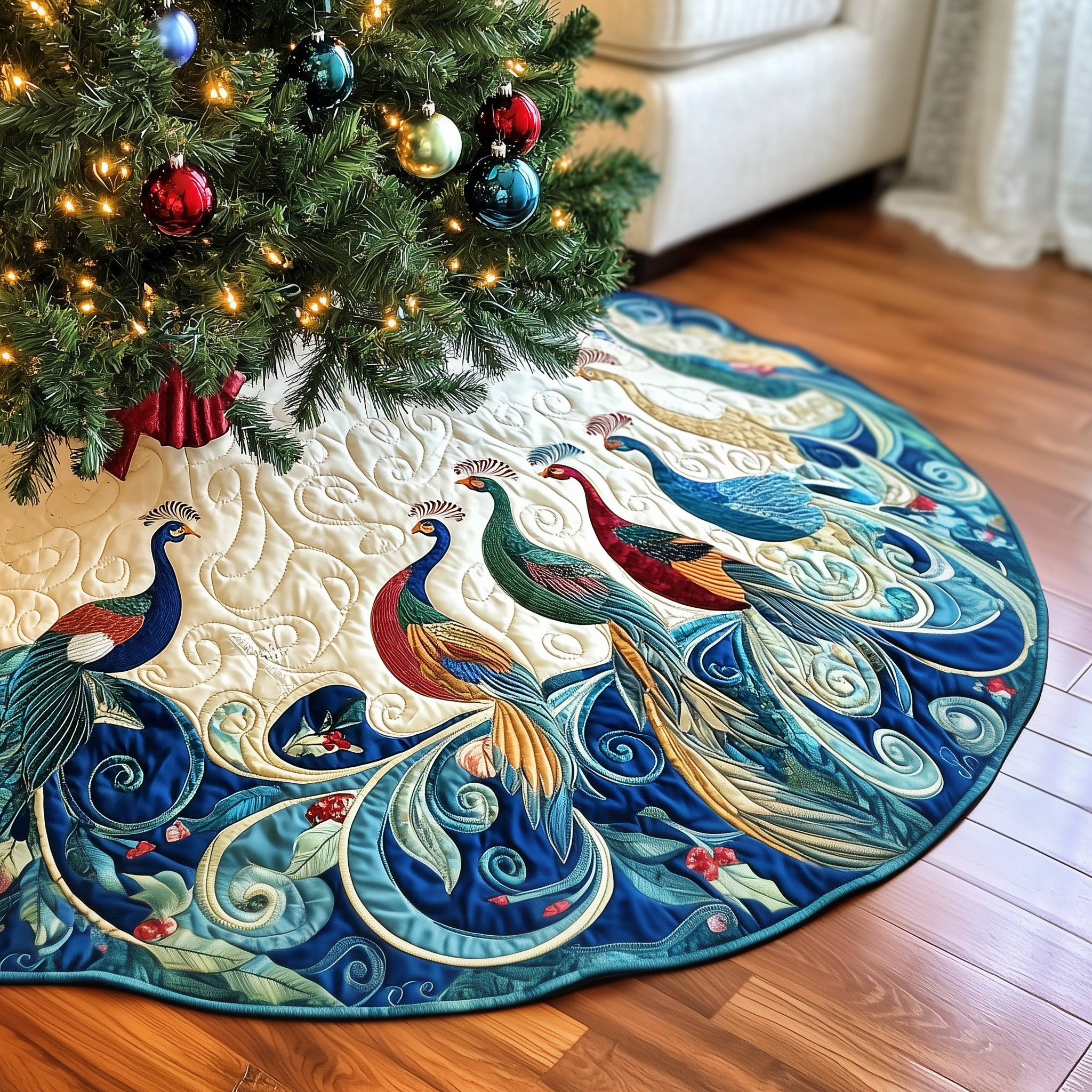 Christmas Peacock Quilted Tree Skirt Christmas Tree Base Cover Best Gift for Peacock Lovers