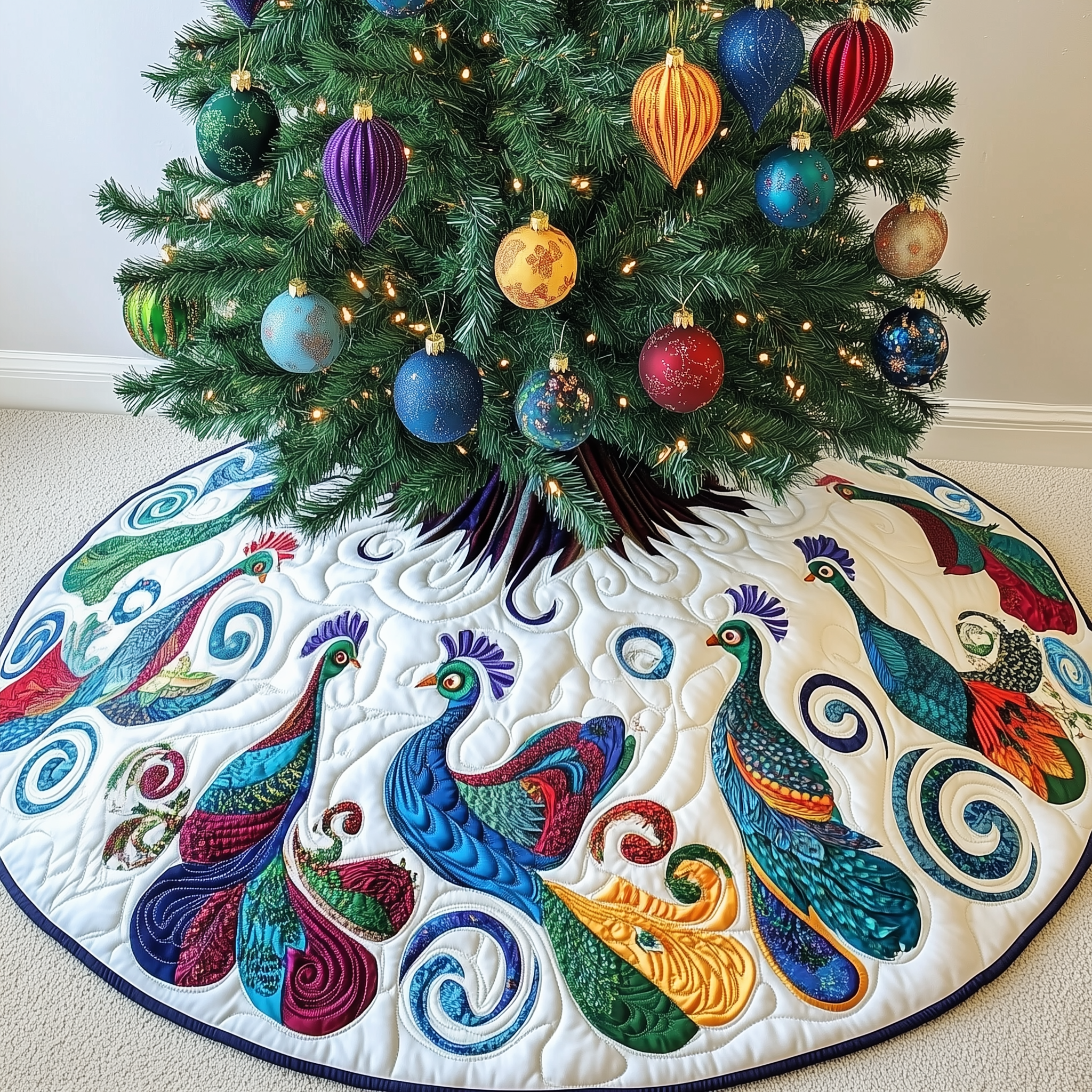 Christmas Peacock Quilted Tree Skirt Thoughtful Gift Merch For Dad