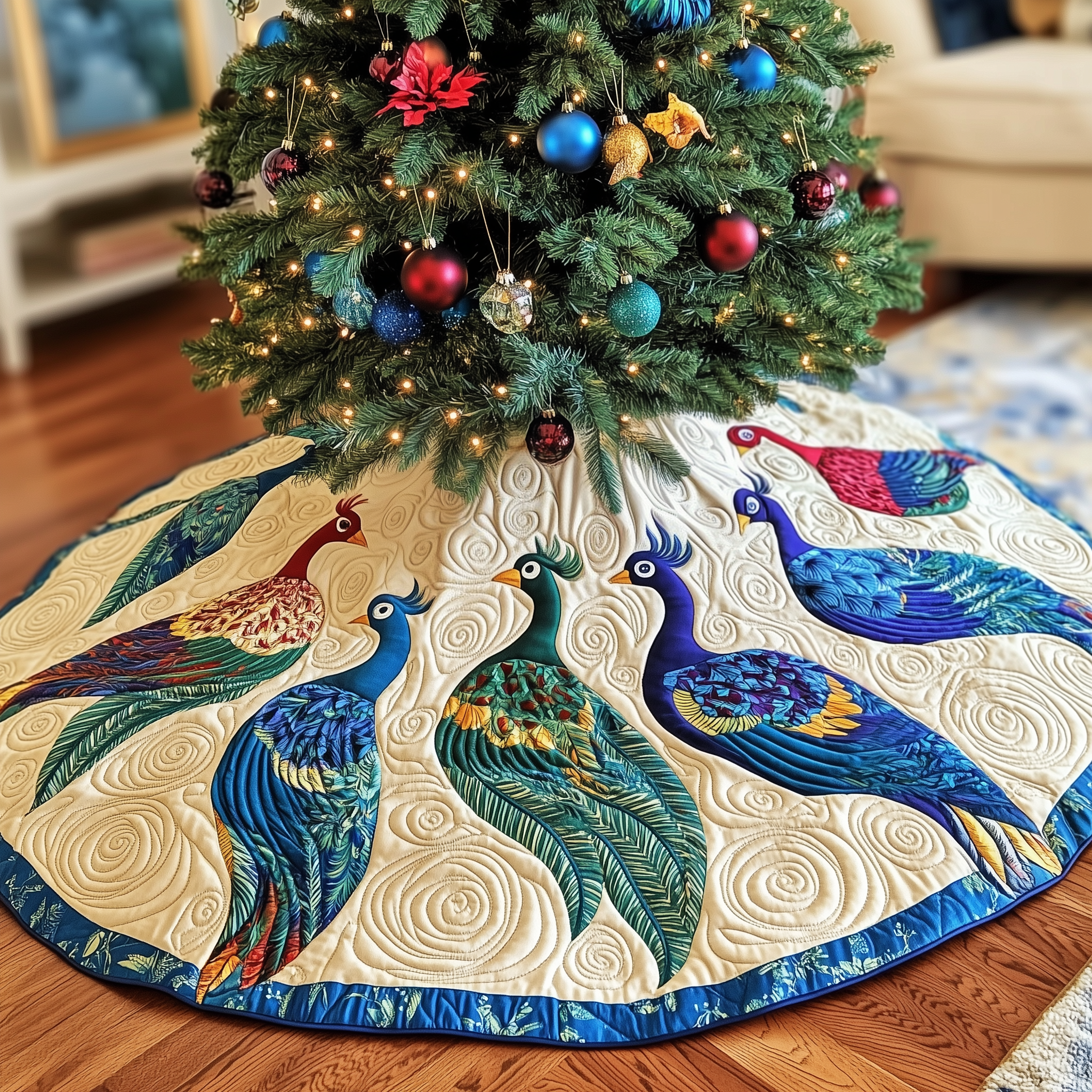 Christmas Peacock Quilted Tree Skirt Warm Gift Merch For Family