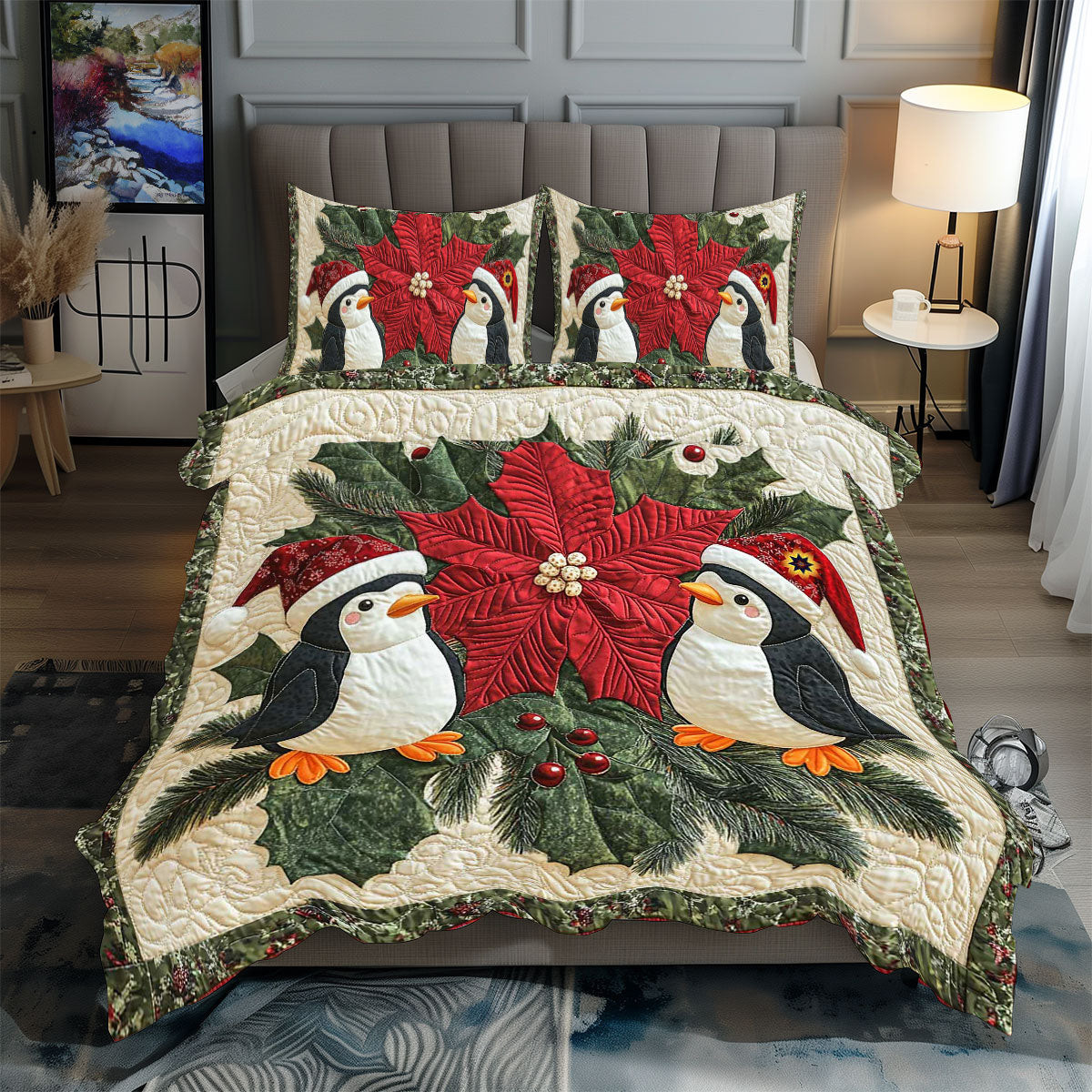 Christmas Penguin Poinsettia Holiday Xmas Quilted Bedding Set Best Christmas Gifts For Couples