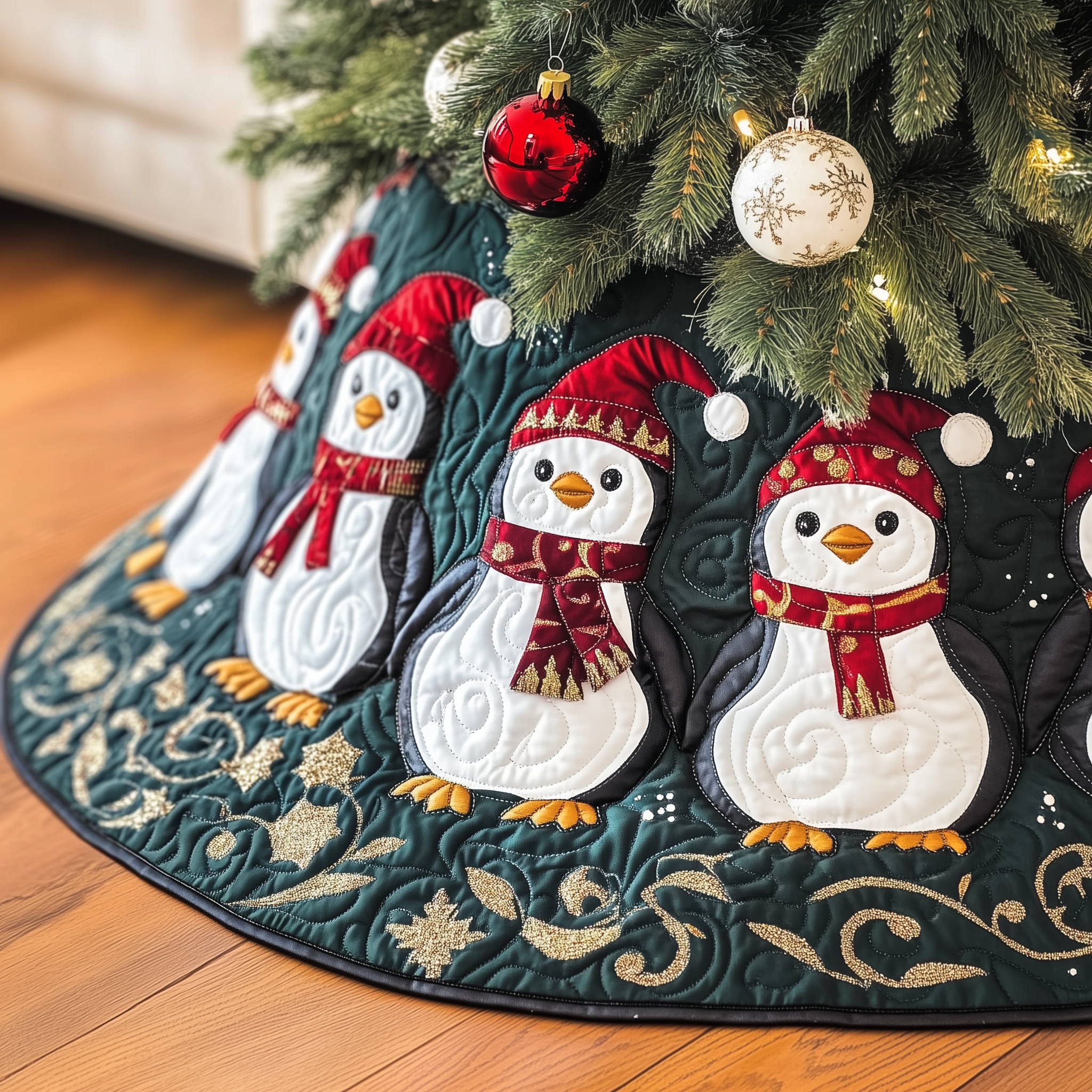Christmas Penguin Quilted Tree Skirt Charming Tree Skirt Gift Idea