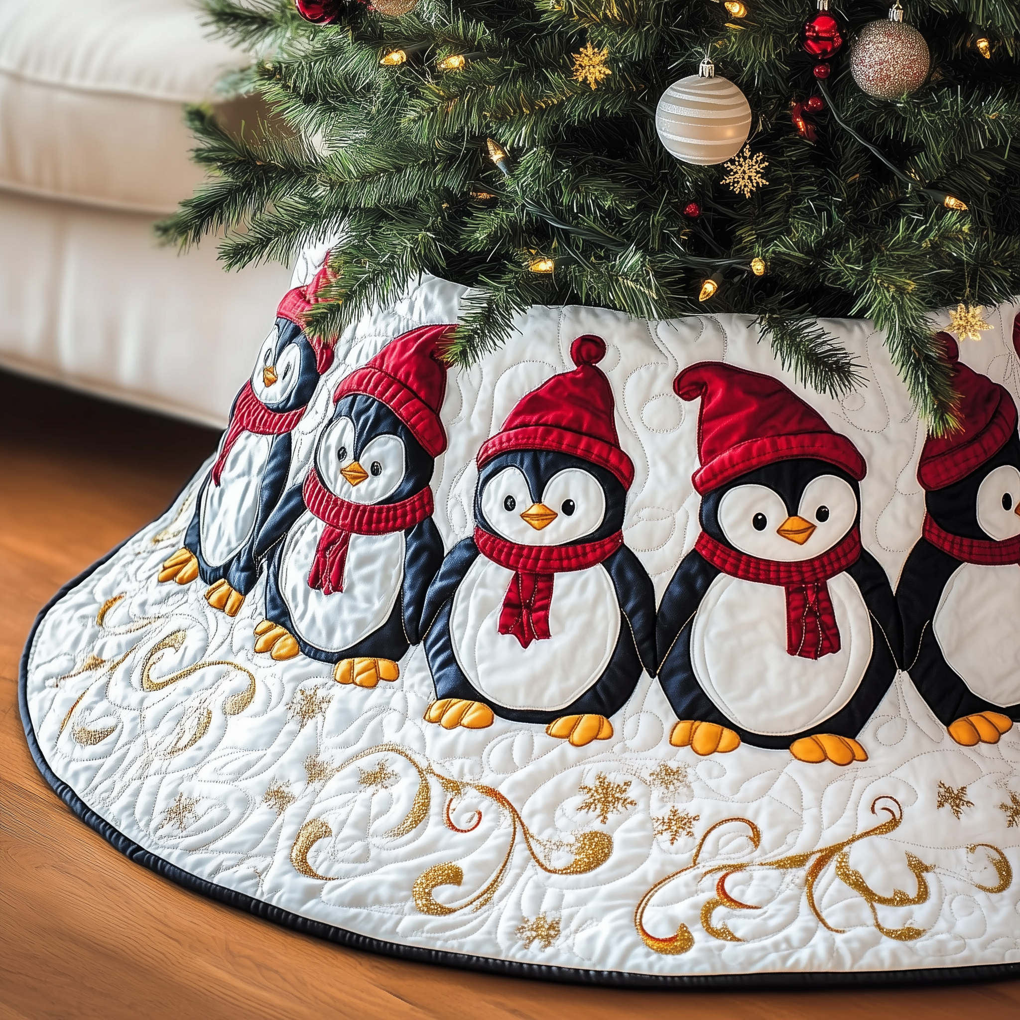 Christmas Penguin Quilted Tree Skirt Heartwarming Family Gathering Merch