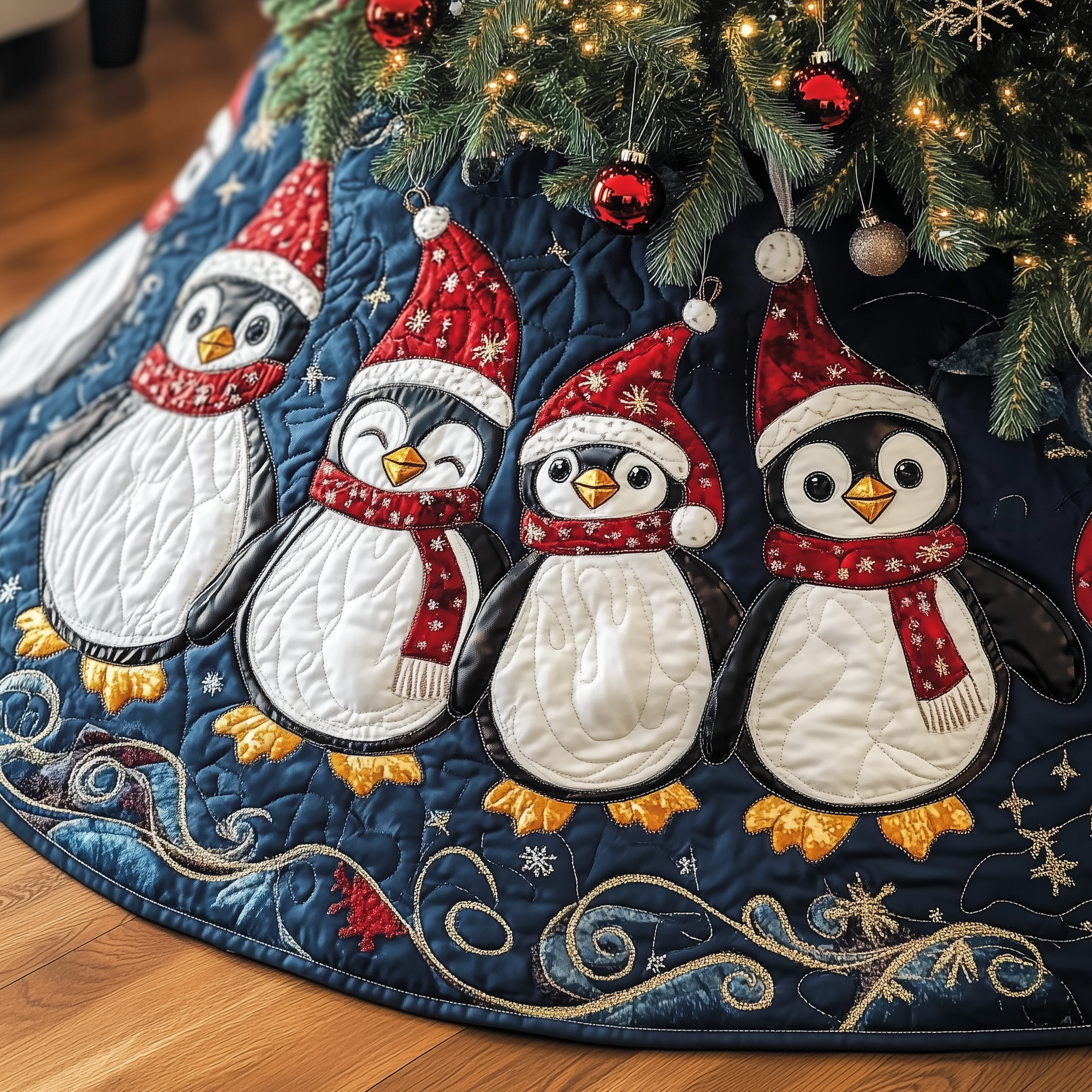 Christmas Penguin Quilted Tree Skirt Magical Christmas Spirit Merch(1)