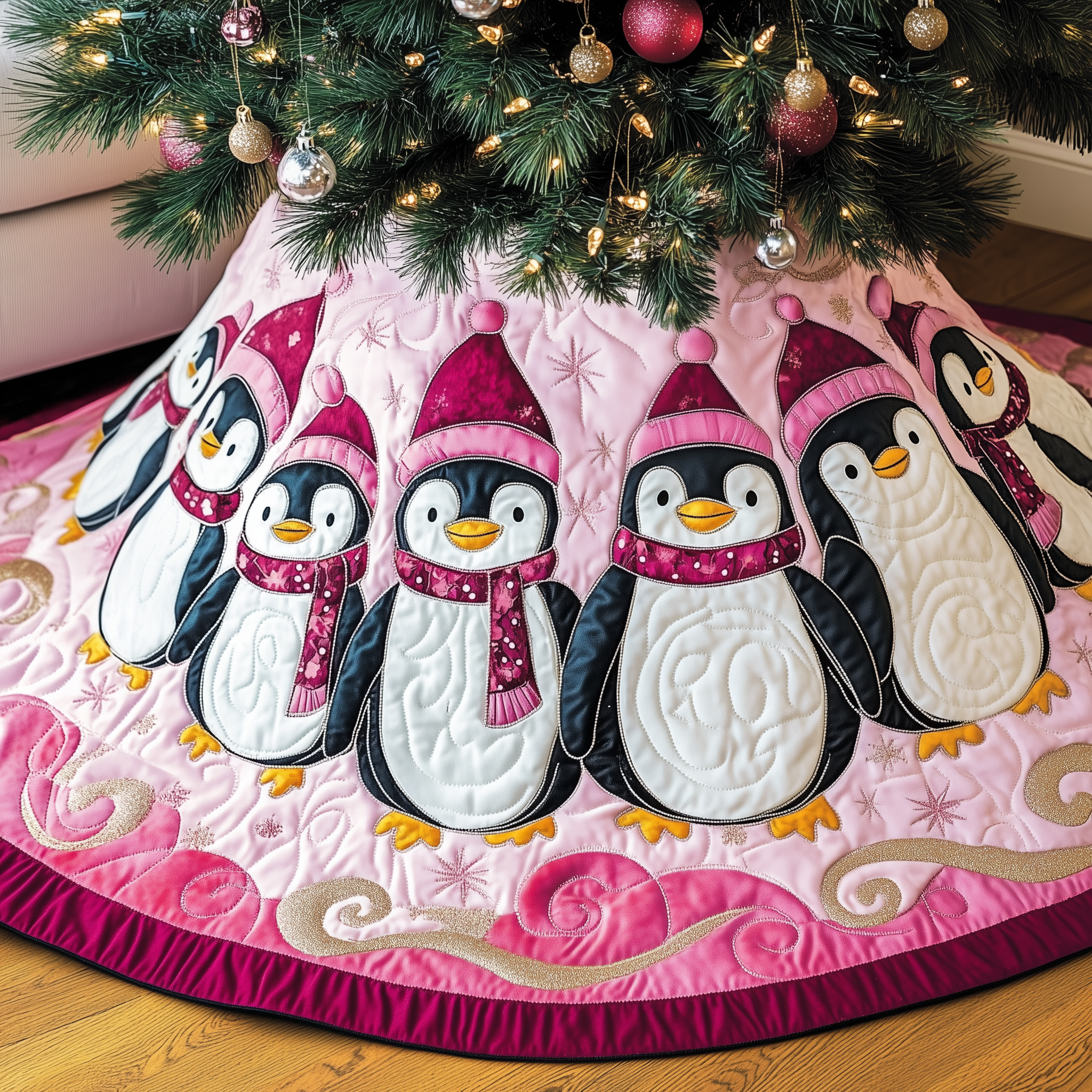 Christmas Penguin Quilted Tree Skirt Stylish Holiday Decor Gift Merch