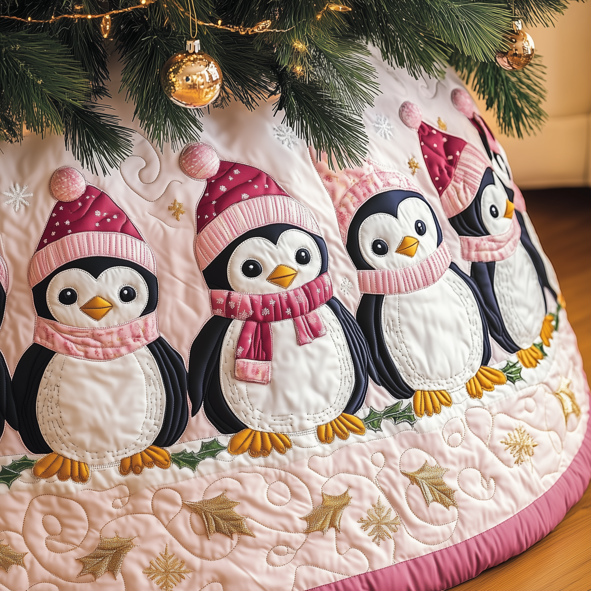 Christmas Penguin Quilted Tree Skirt Warm Winter Home Merch