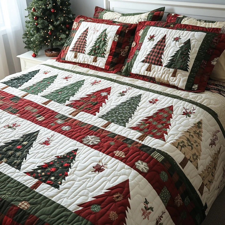 Christmas Pine 3-Piece Quilted Bedding Set Evergreen Holiday Bedspread Best Cozy Xmas Gift Ideas