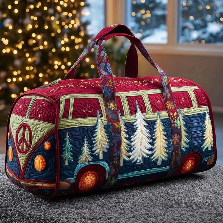 Christmas Pine Tree Stars VW Bus Quilted Duffle Bag Holiday Travel Bag Gift For Christmas Lovers