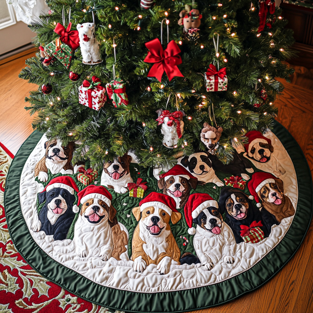Christmas Pitbull Christmas Quilted Tree Skirt Holiday Living Room Decor Winter Holiday Decor