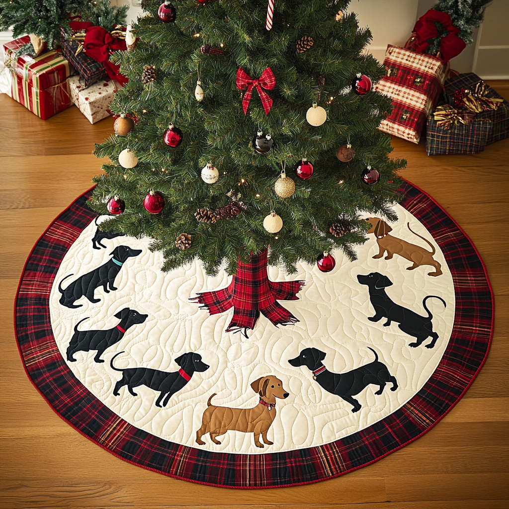 Christmas Plaid Dachshund Chritstmas Quilted Tree Skirt Christmas Holiday Decor Home