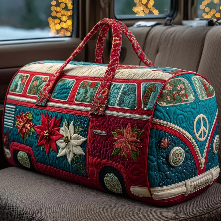 Christmas Poinsettia Candy Stripe VW Bus Quilted Duffle Bag Holiday Travel Bag Gift For Christmas