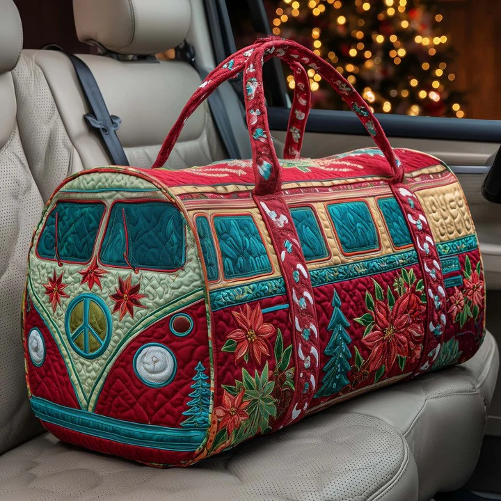 Christmas Poinsettia Patchwork VW Bus Quilted Duffle Bag Holiday Travel Bag Gift For Christmas