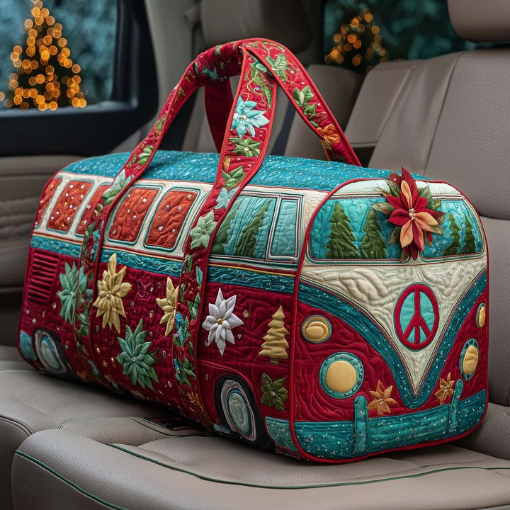 Christmas Poinsettia Tree VW Bus Quilted Duffle Bag Holiday Travel Bag Gift For Christmas Lovers