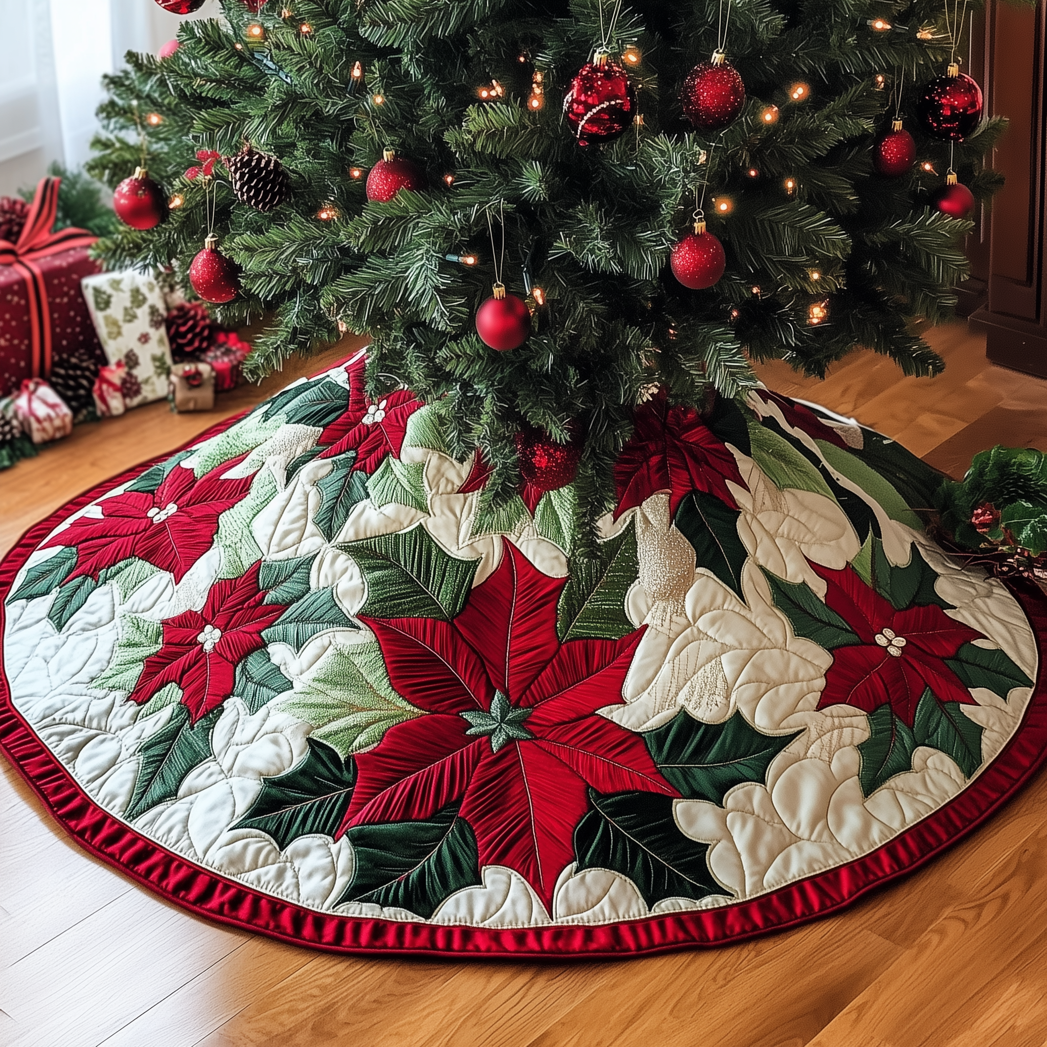 Christmas Poinsettias Quilted Tree Skirt Elegant Christmas Tree Decor Merch