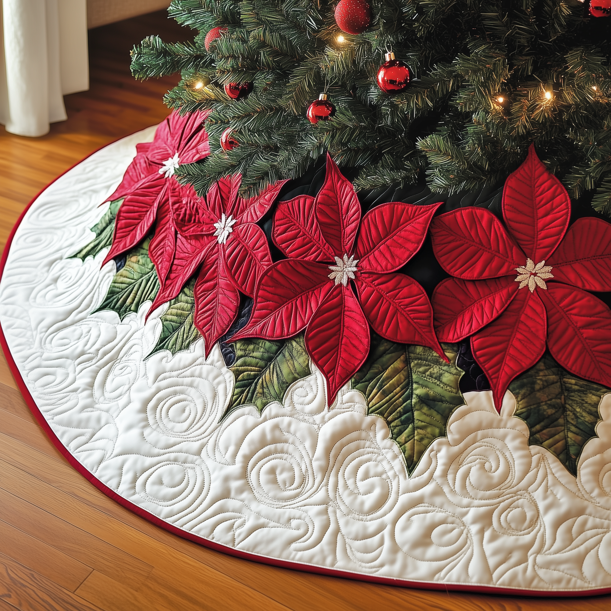 Christmas Poinsettias Quilted Tree Skirt Holiday Gift Merch