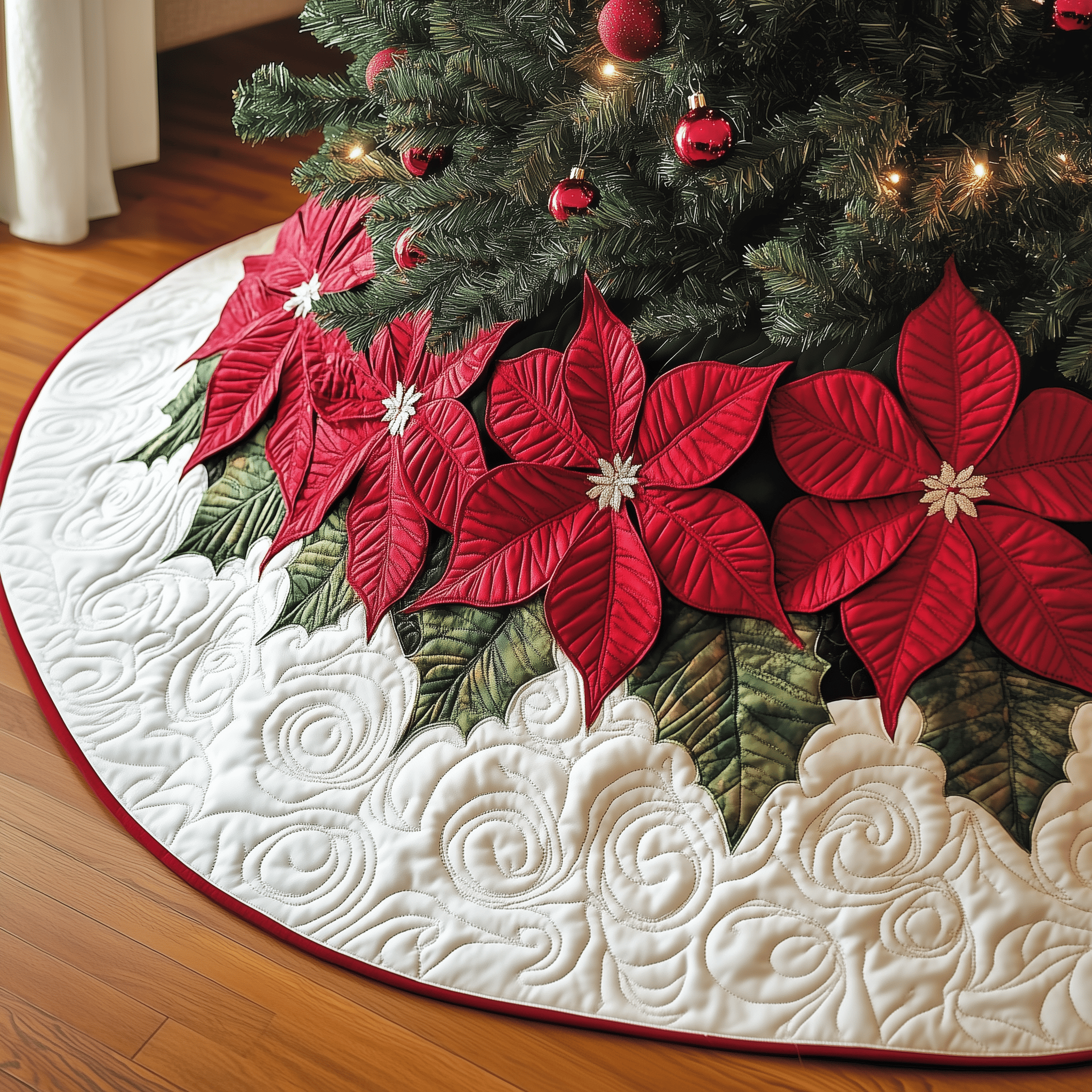 Christmas Poinsettias Quilted Tree Skirt Holiday Home Decor Christmas Gift For Mother