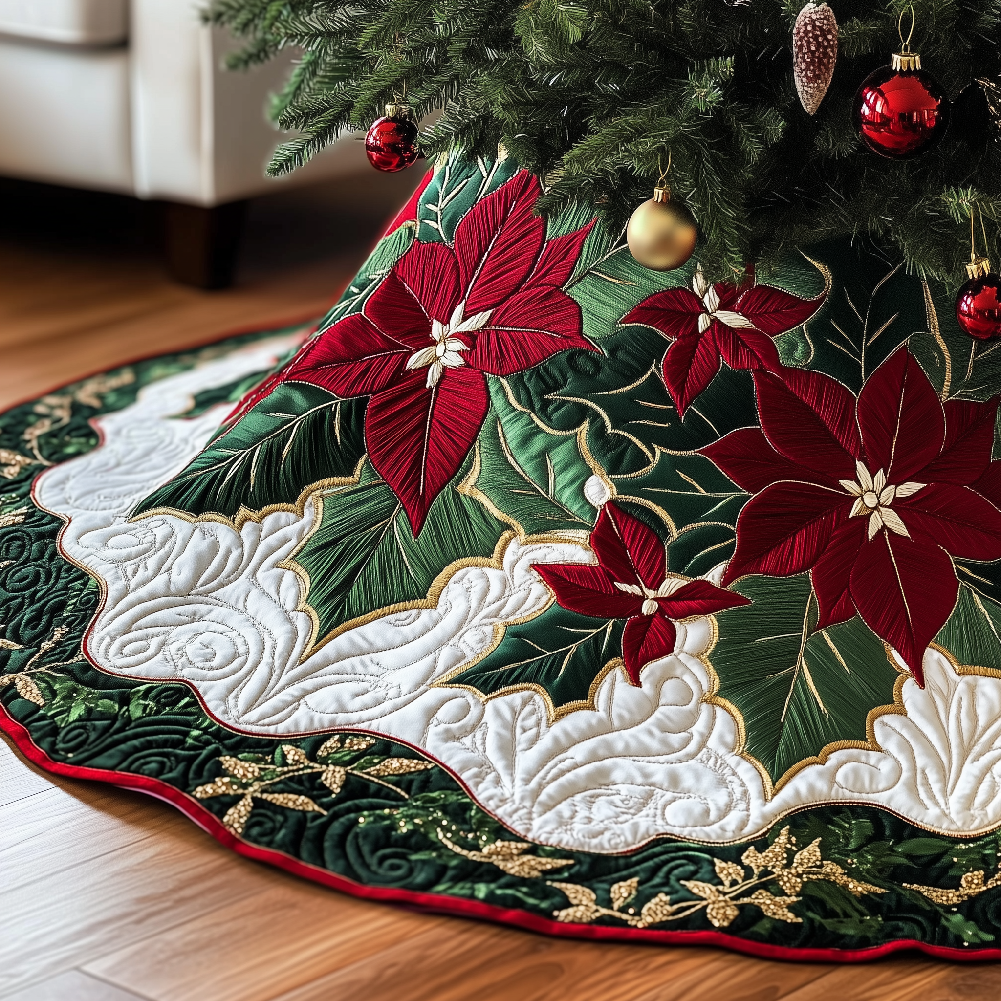 Christmas Poinsettias Quilted Tree Skirt Holiday Tree Skirt Must-Have