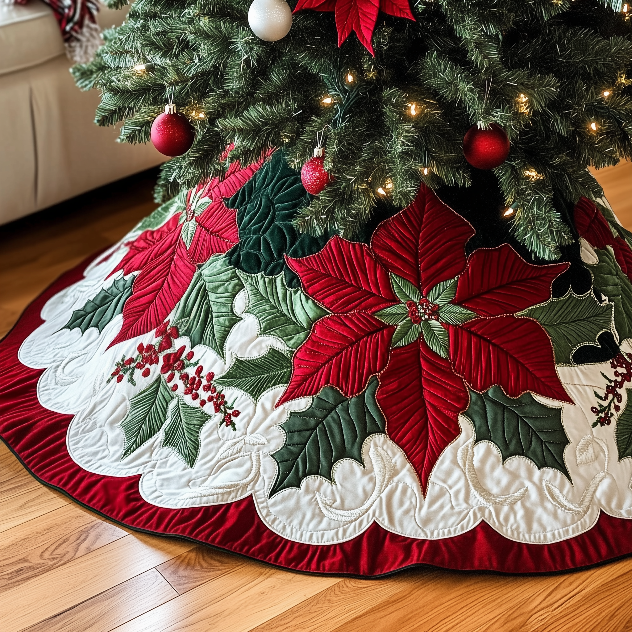 Christmas Poinsettias Quilted Tree Skirt Perfect Christmas Gift Merch