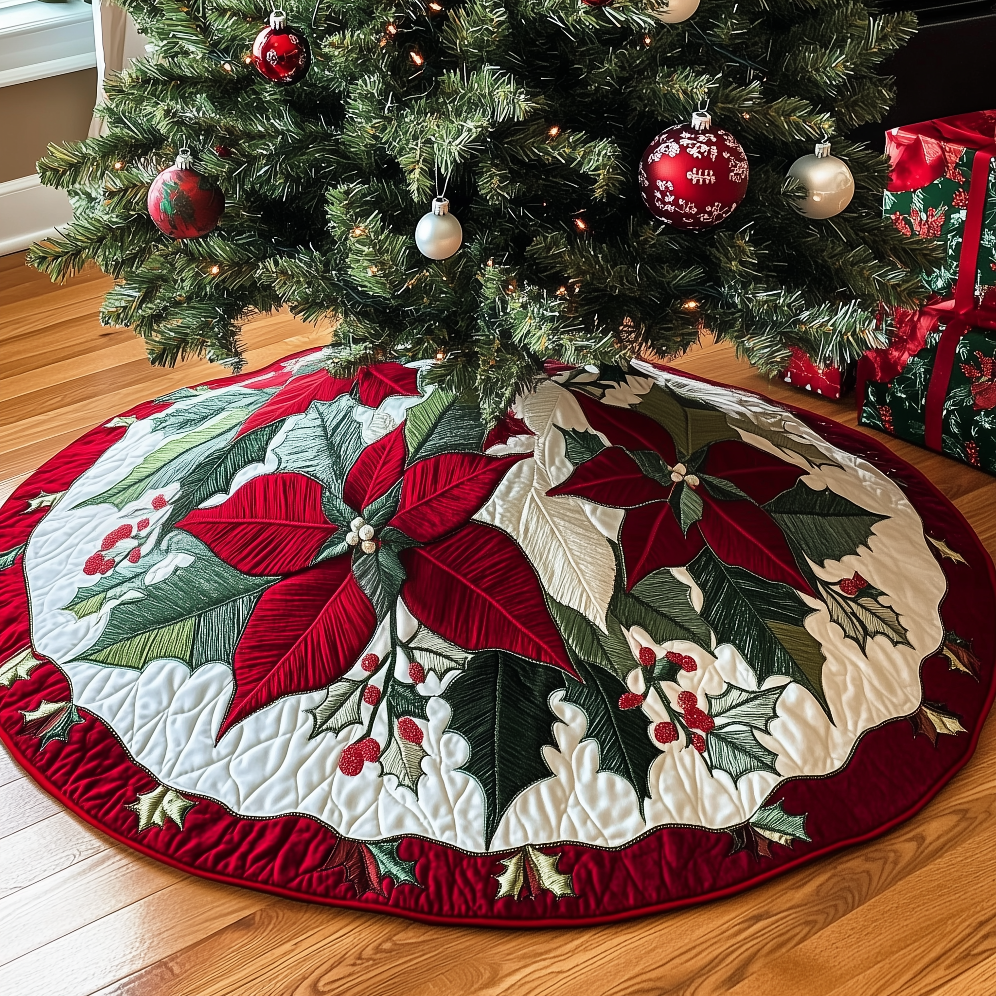 Christmas Poinsettias Quilted Tree Skirt Perfect Home For Christmas Tree Merch