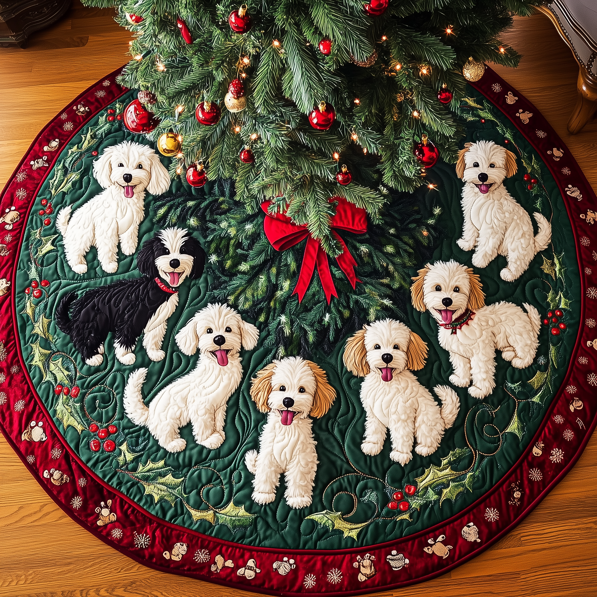 Christmas Poodle Cheer Quilted Tree Skirt Charming Thanksgiving Gift Merch