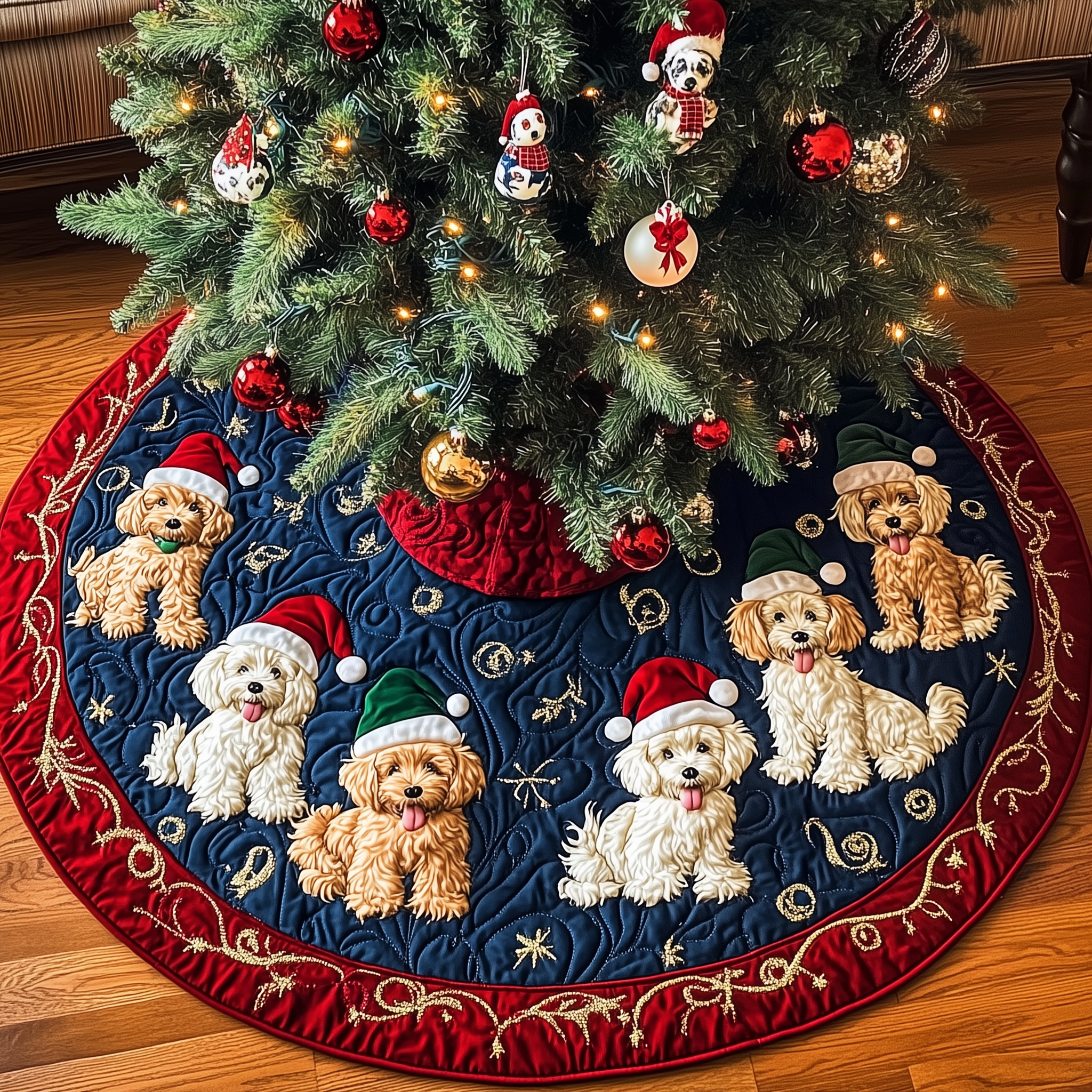 Christmas Poodle Cheer Quilted Tree Skirt Xmas Tree Base Cover Christmas Decorations Gifts For Poodle Lovers