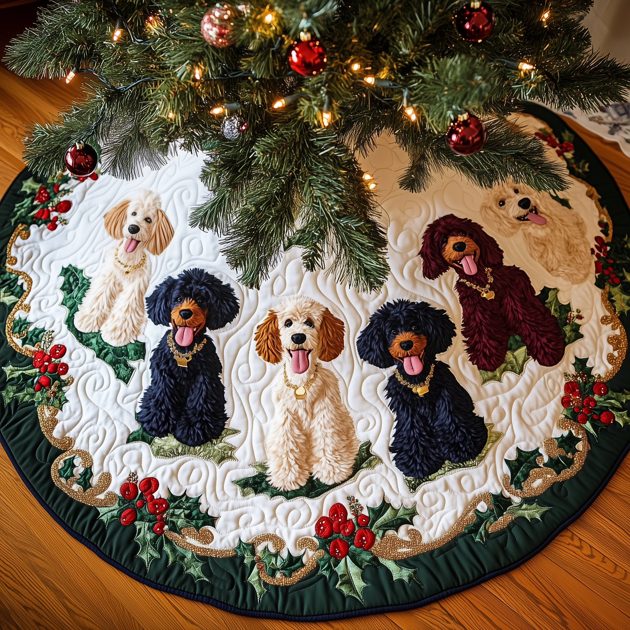 Christmas Poodle Cheer Quilted Tree Skirt Xmas Tree Base Cover Christmas Decorations Gifts For Poodle Lovers