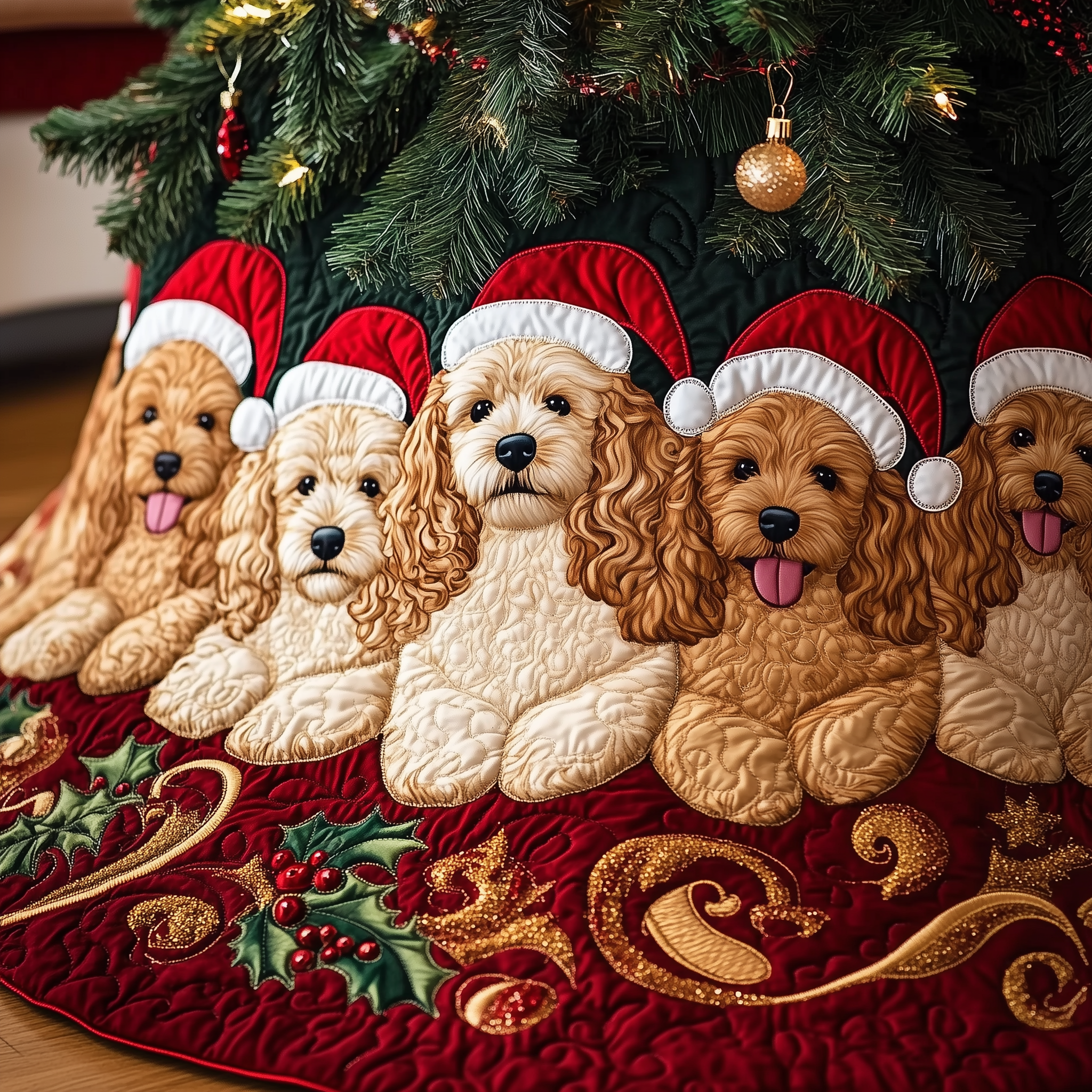 Christmas Poodle Cheer Quilted Tree Skirt Xmas Tree Base Cover Christmas Decorations Gifts For Poodle Lovers