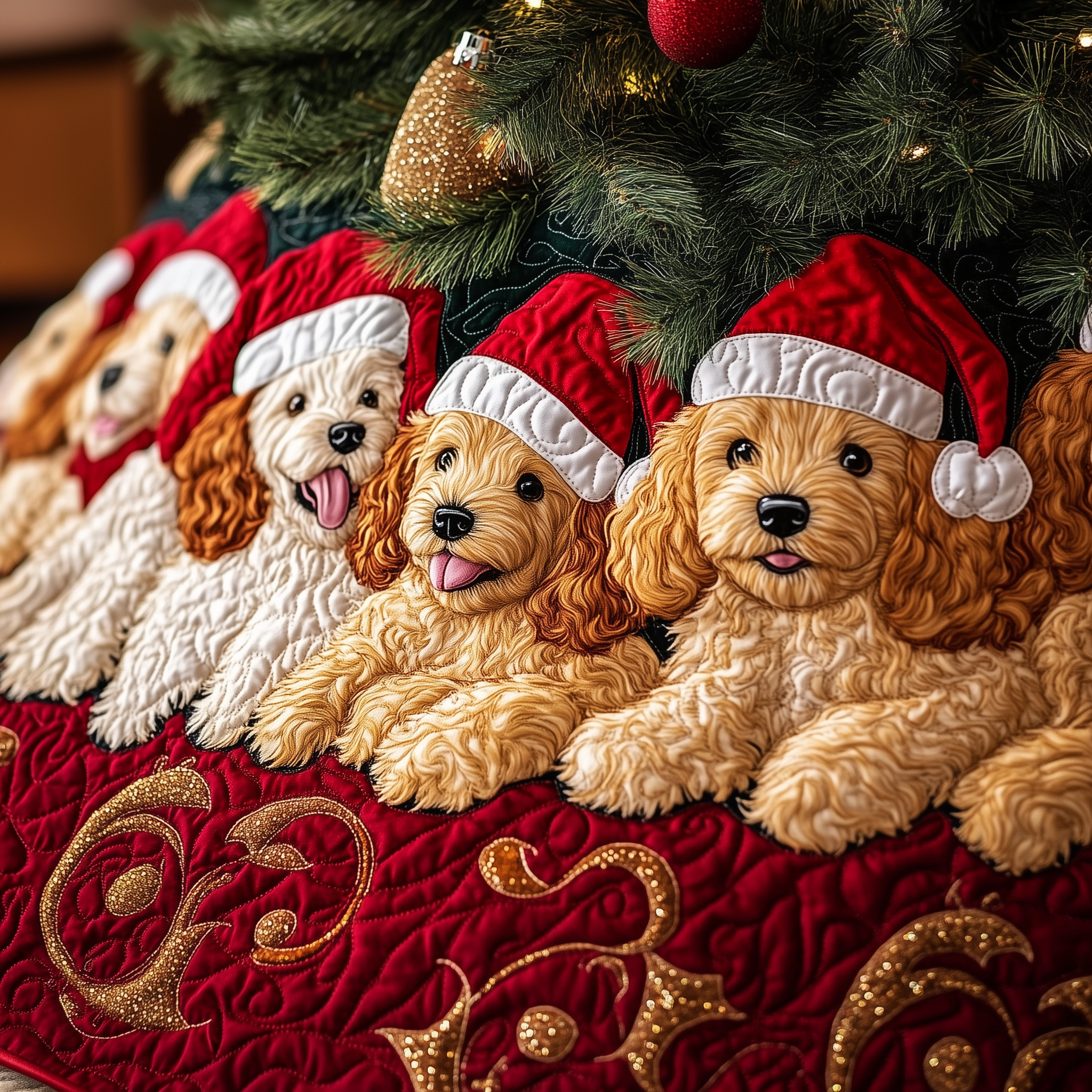 Christmas Poodle Cheer Quilted Tree Skirt Xmas Tree Base Cover Christmas Decorations Gifts For Poodle Lovers