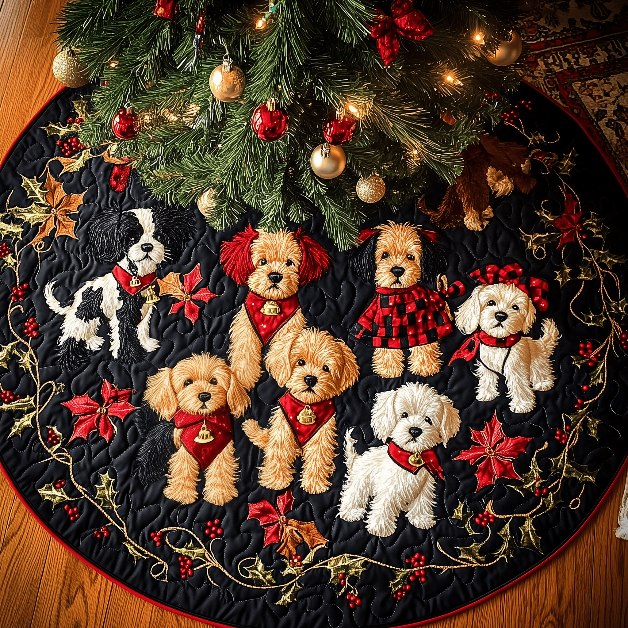 Christmas Poodle Cheer Quilted Tree Skirt Xmas Tree Surround Decorations Poodle Gifts For Dog Lovers