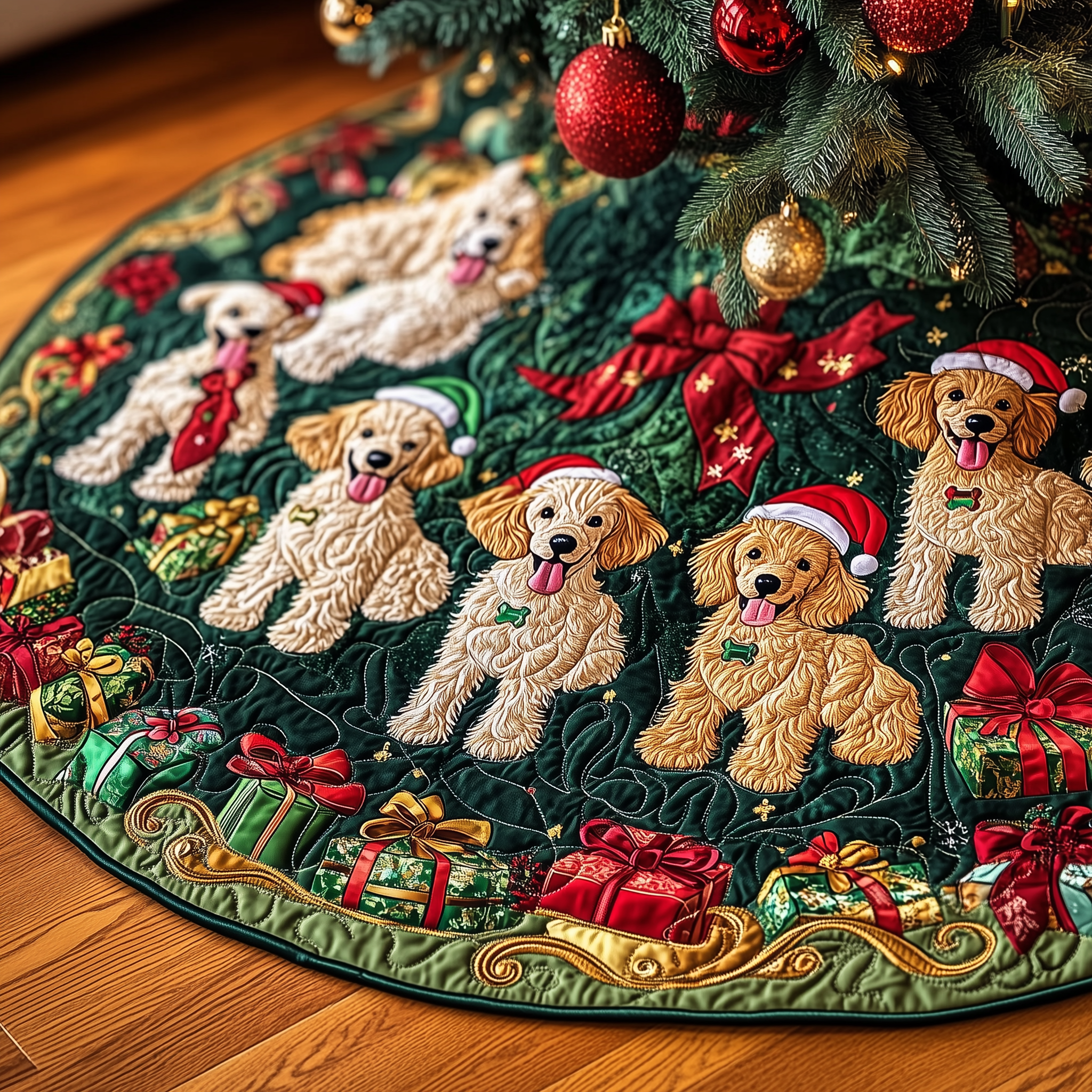 Christmas Poodle Cheer Quilted Tree Skirt Xmas Tree Surround Decorations Poodle Gifts For Dog Lovers