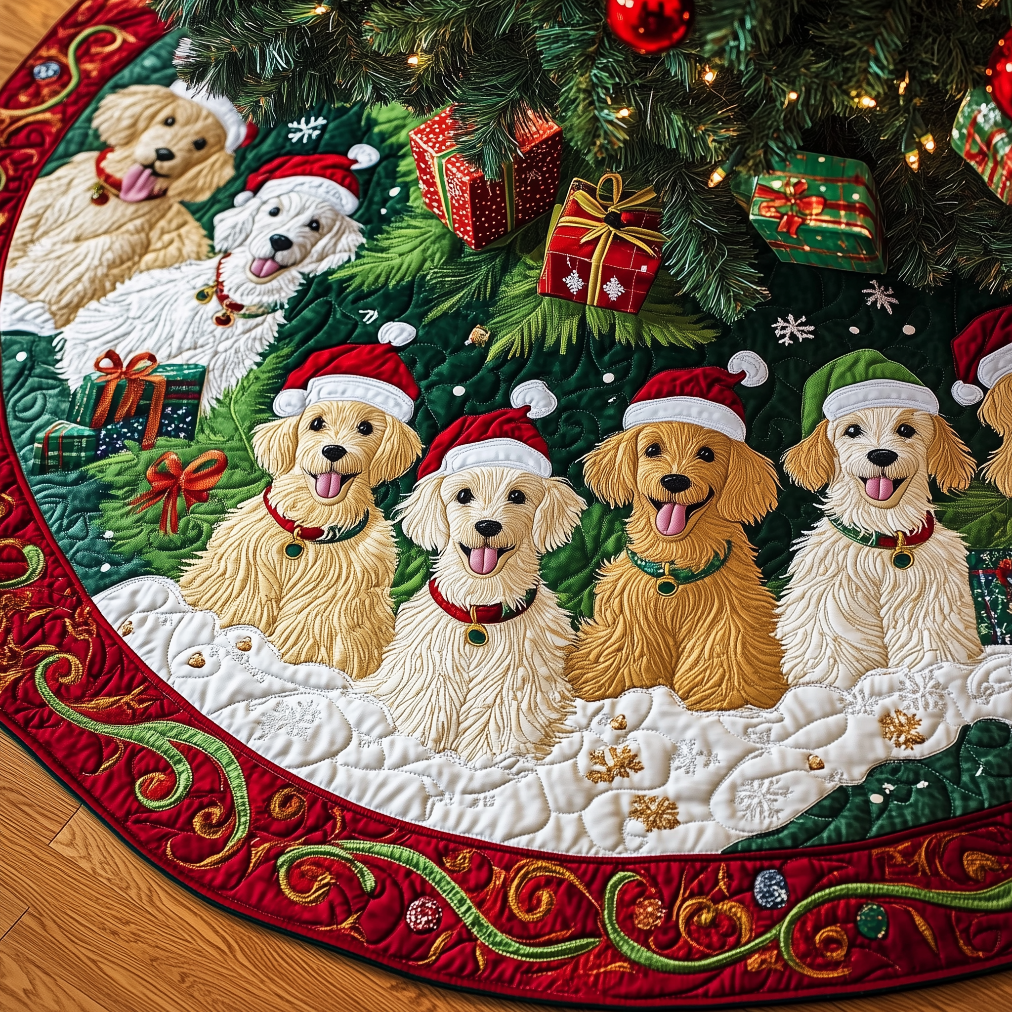 Christmas Poodle Cheer Quilted Tree Skirt Xmas Tree Surround Decorations Poodle Gifts For Dog Lovers