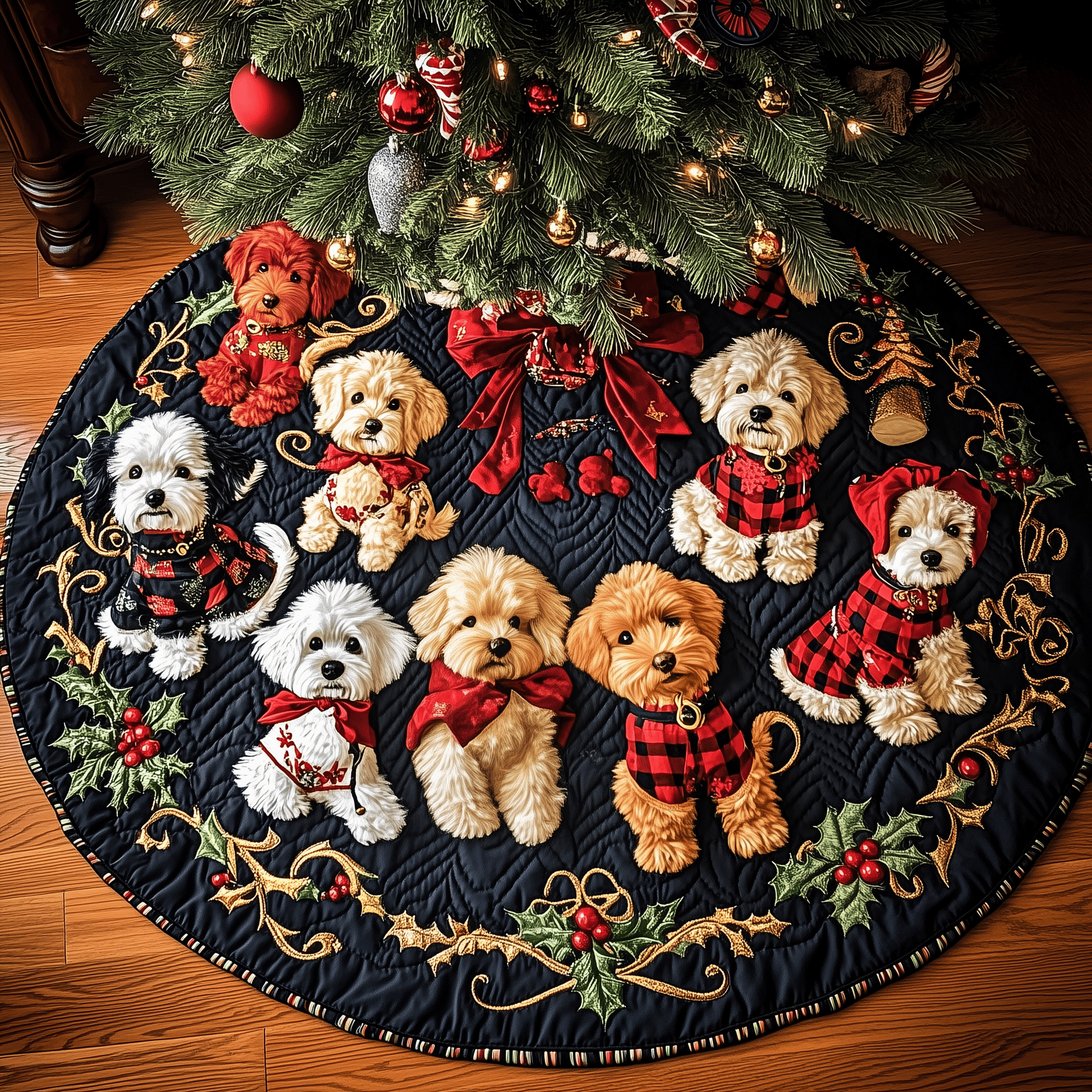 Christmas Poodle Cheer Quilted Tree Skirt Xmas Tree Surround Decorations Poodle Gifts For Dog Lovers