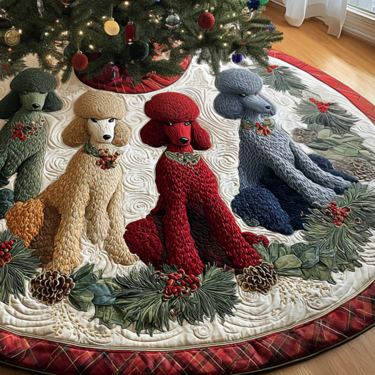 Christmas Poodle Magic Quilted Christmas Tree Skirt Adorable Holiday Tree Skirt for Cozy Spaces