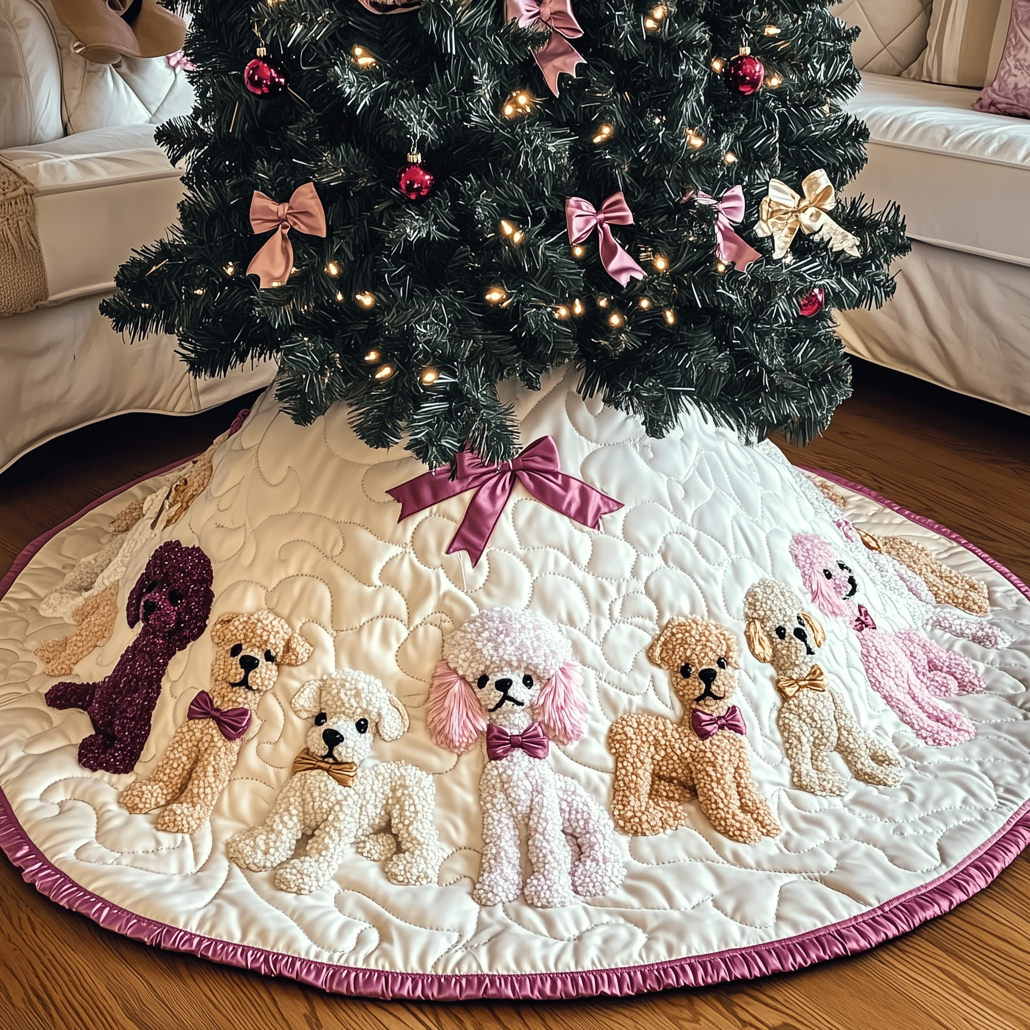 Christmas Poodle Quilted Tree Skirt Holiday Christmas Tree Base Poodle Mom Gifts For Her