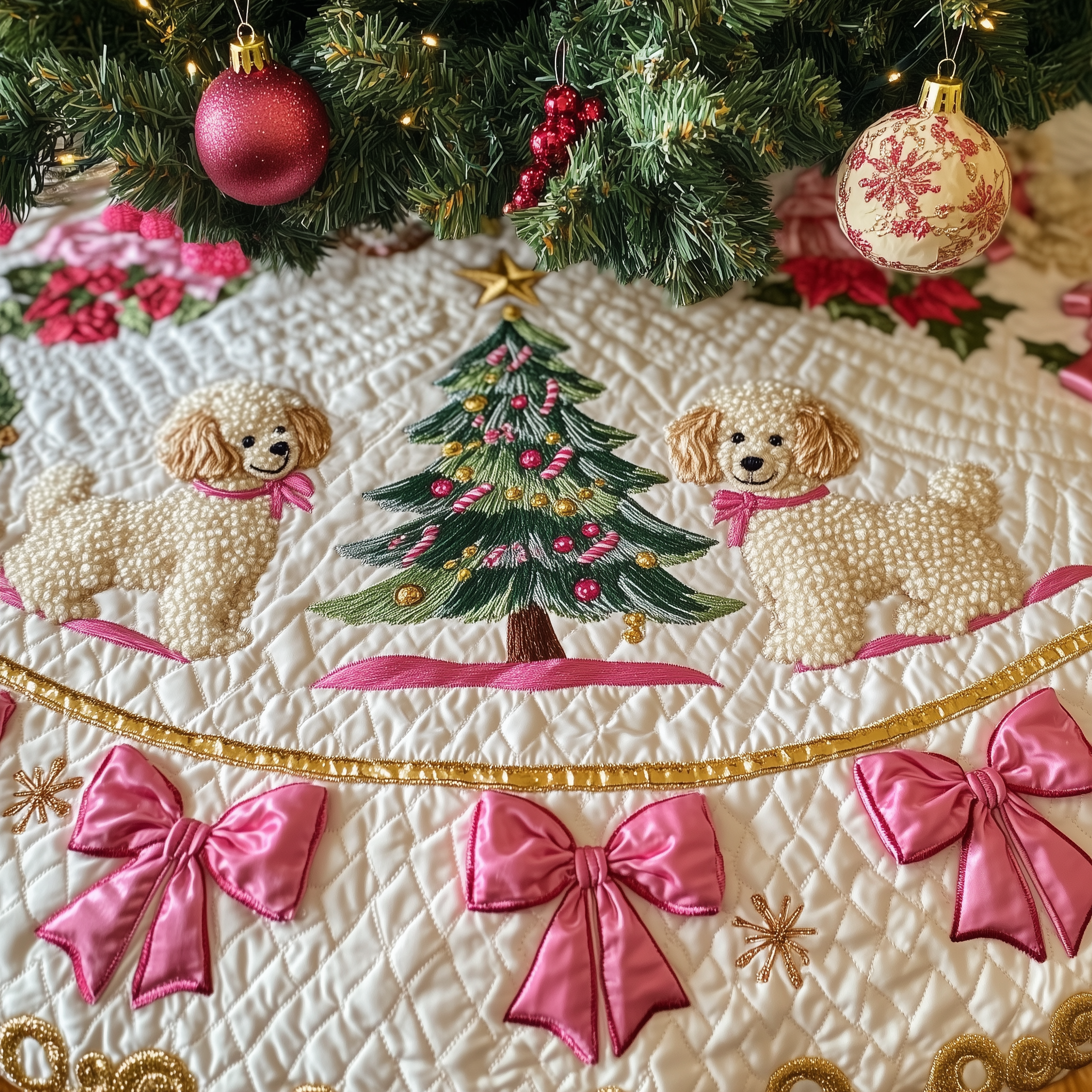 Christmas Poodle Quilted Tree Skirt Xmas Tree Surround Decorations Poodle Gifts For Dog Lovers