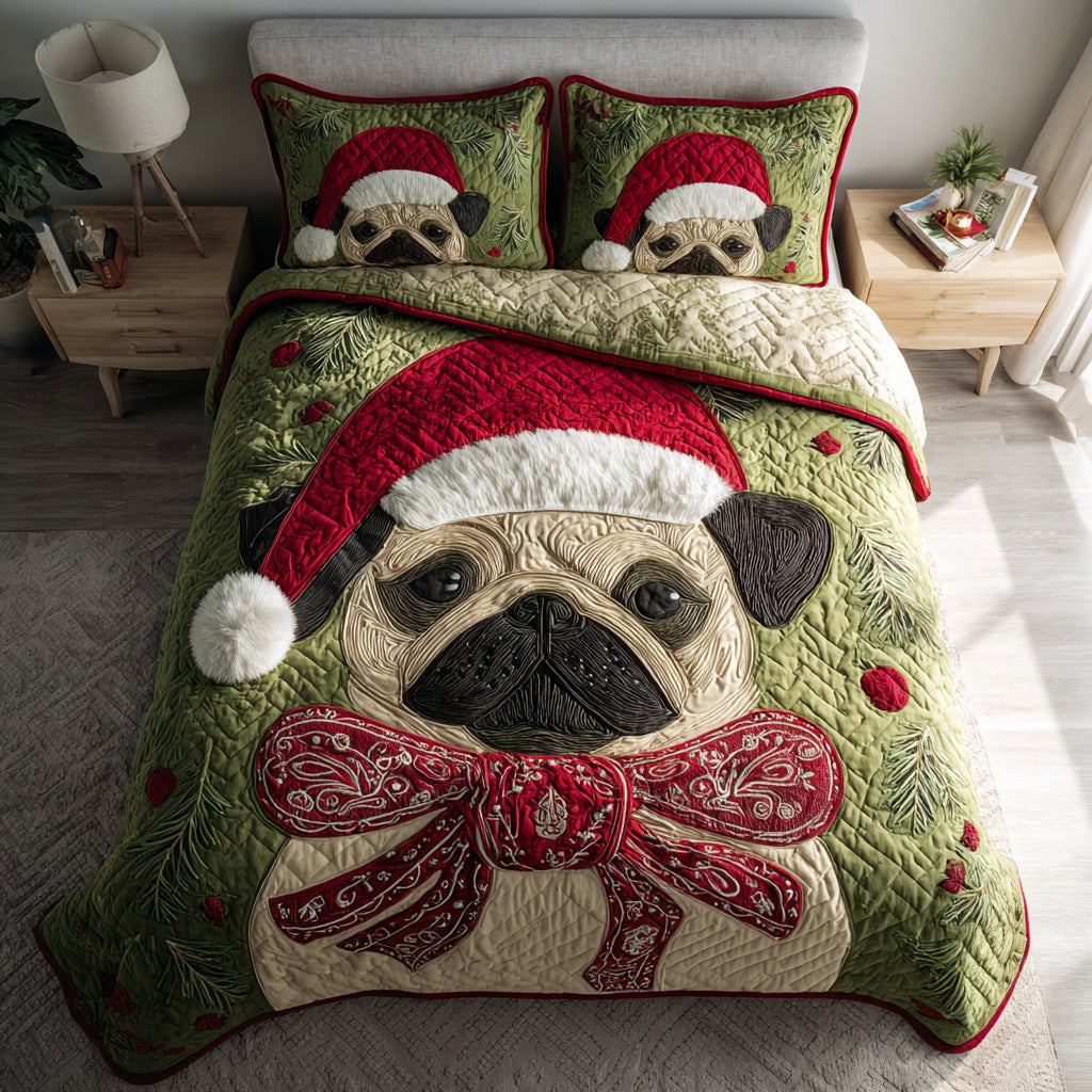 Christmas Pug Cheer Quilted Bedding Set Holiday Duvet Cover Set Christmas Gifts For Pug Lovers