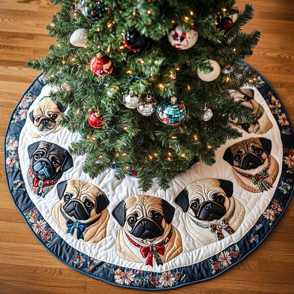 Christmas Pug Christmas Quilted Tree Skirt Exclusive Holiday Tree Skirt Gift for Families