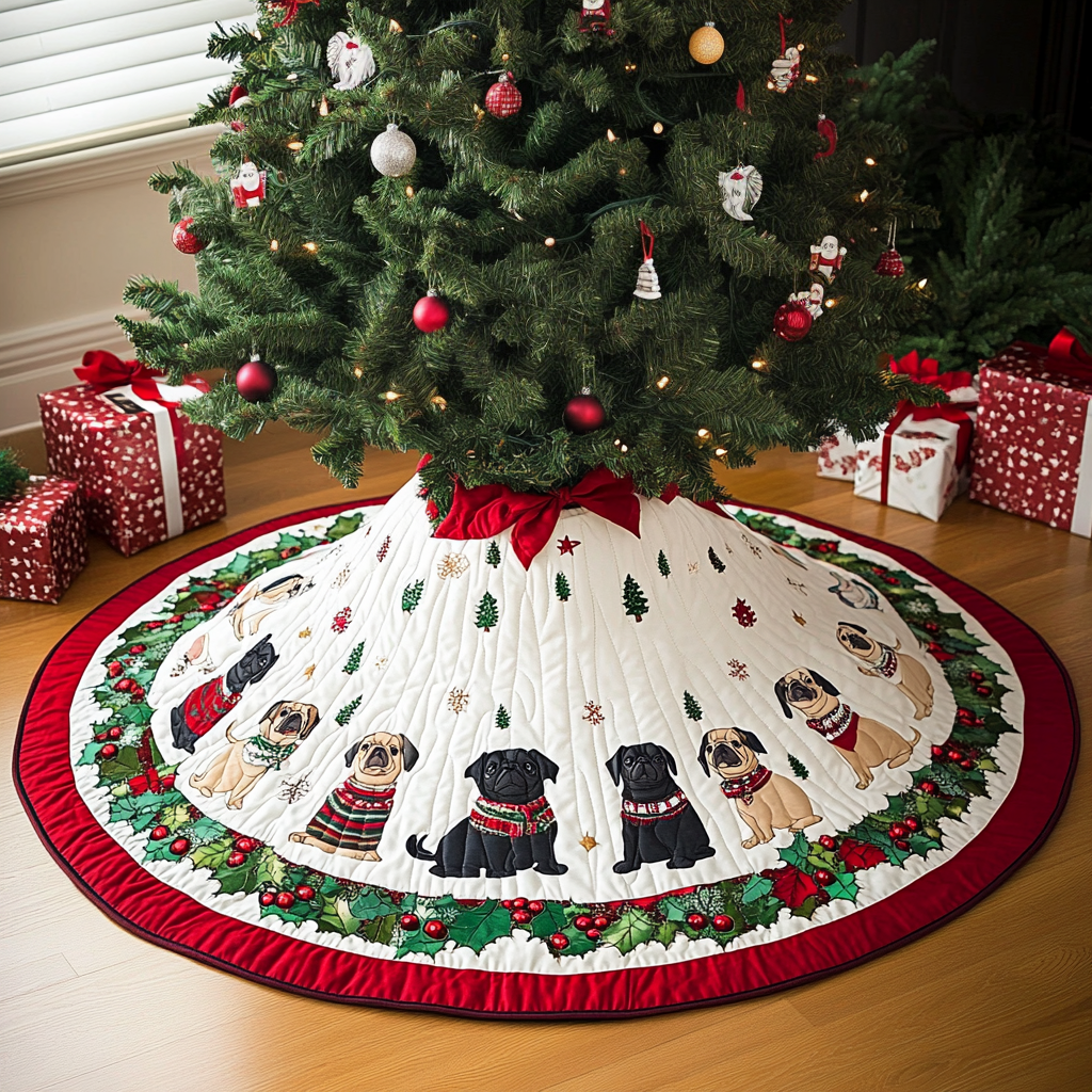 Christmas Pug Christmas Quilted Tree Skirt Popular Gift Merch for Christmas Enthusiasts
