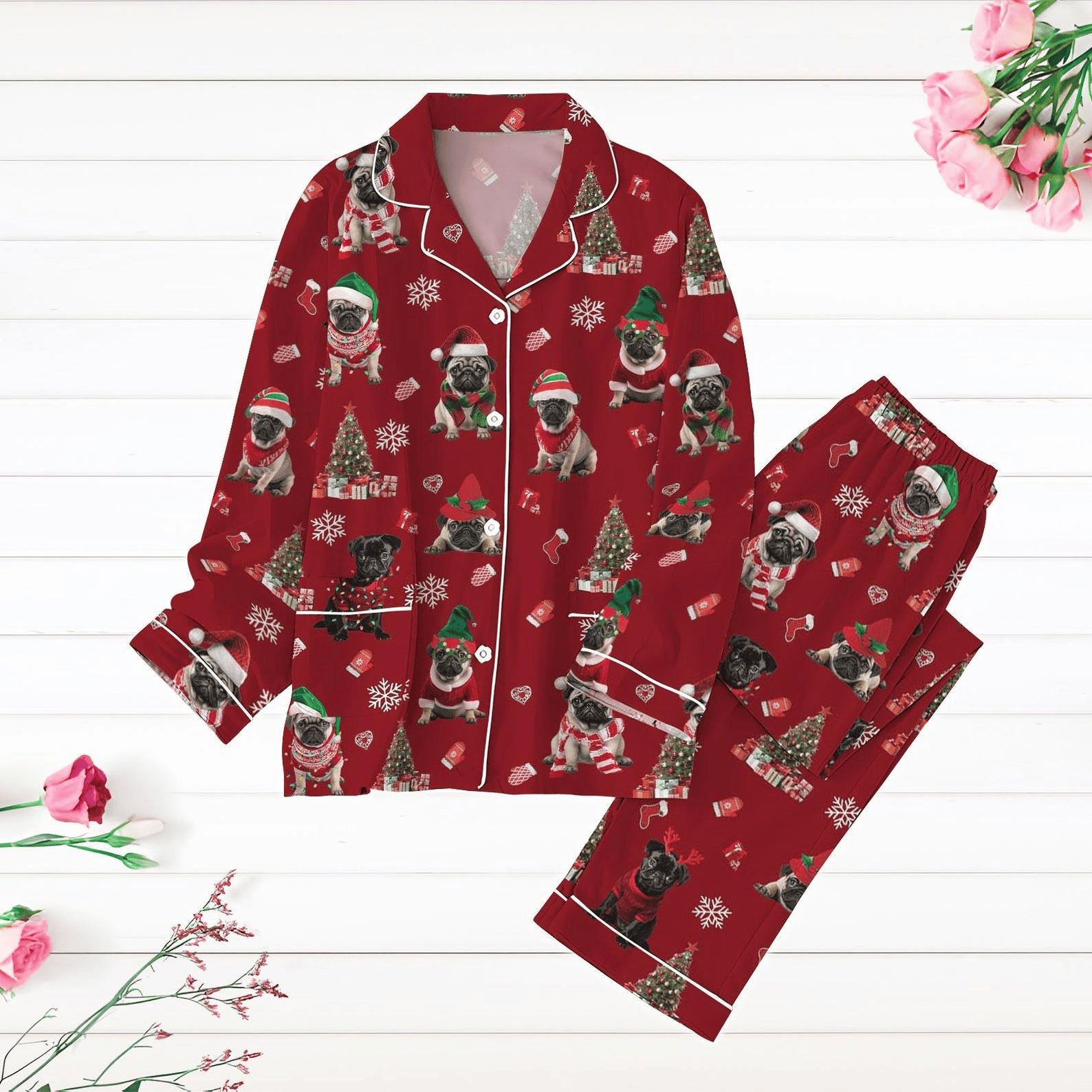 Christmas Pugs Pajamas Set Santa Dog Xmas Pet Lover Christmas Tree Long Sleeve Pyjamas