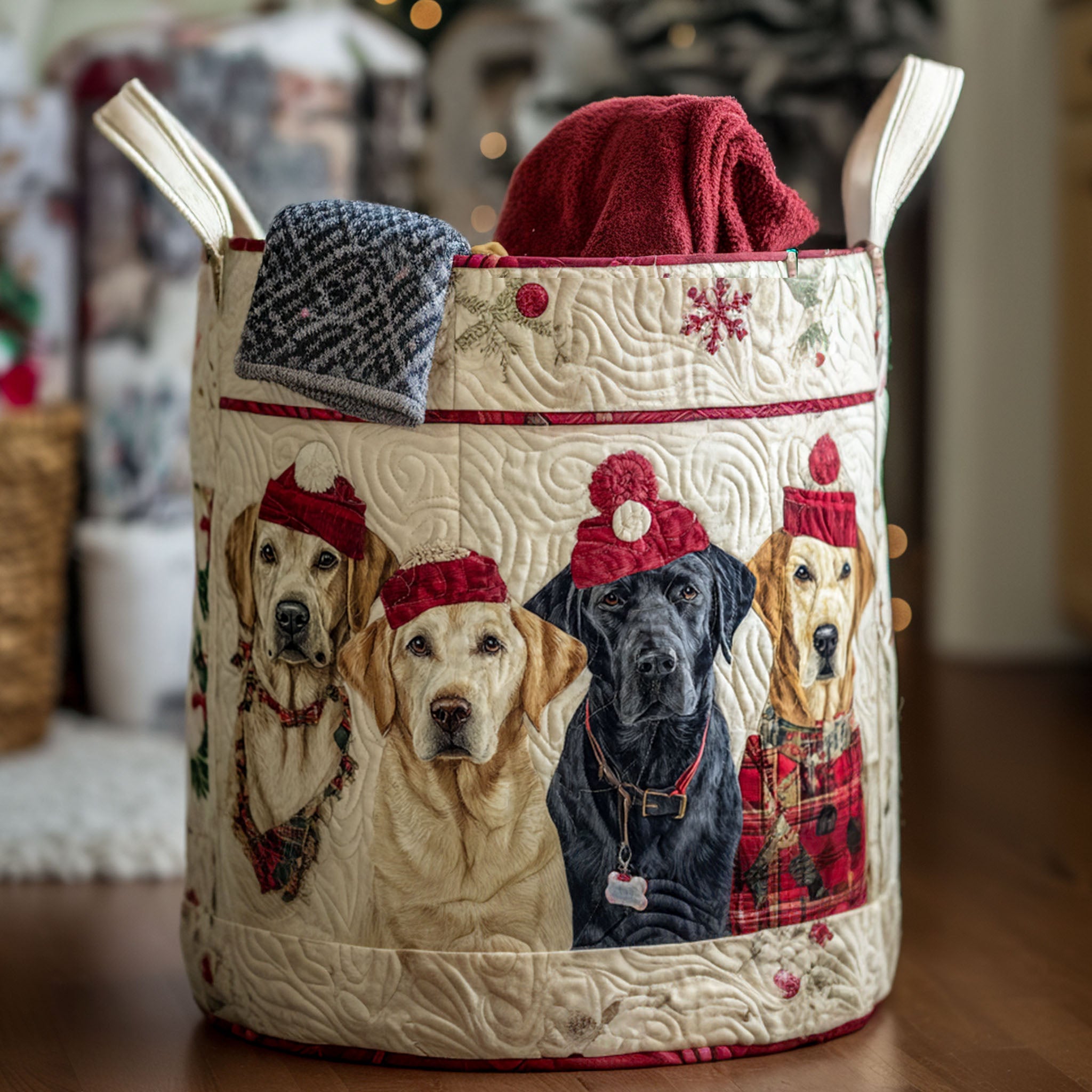 Christmas Pup Magic Quilted Laundry Basket Excellent Gift For Her