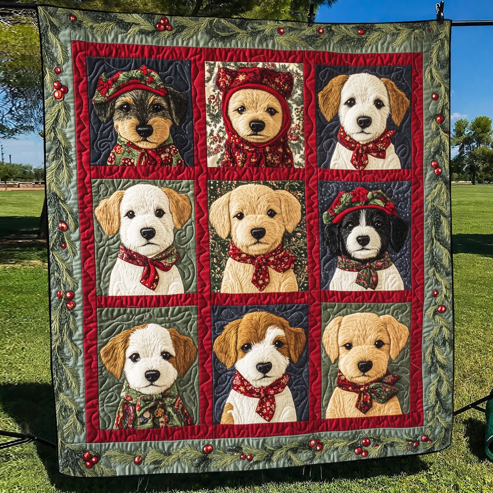 Christmas Puppy Quilted Blanket Holiday Dog Art Cozy Bedding Festive Warm Throw Gift Dog Owners