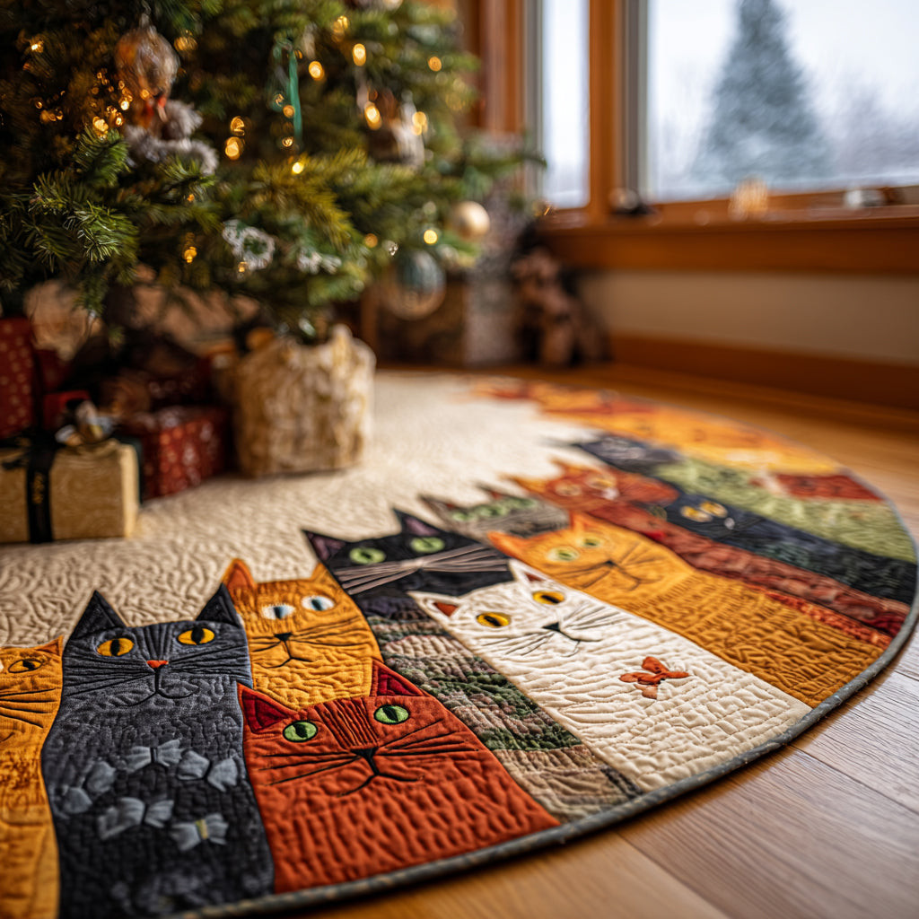 Christmas Purr Christmas Quilted Tree Skirt Animal Design Festive Decor Xmas Gifts For Cat Owners