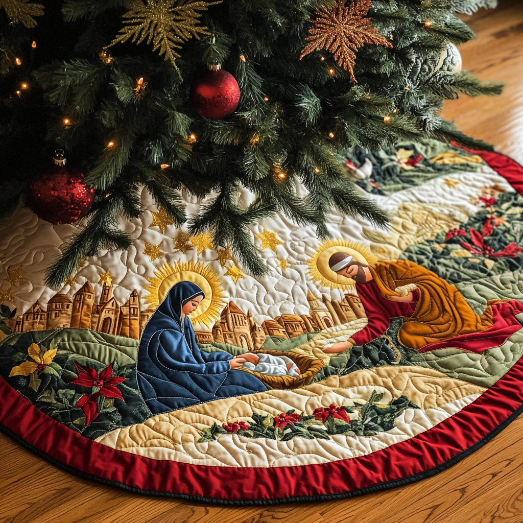 Christmas Quilted Tree Skirt Merry And Bright Holiday Decor Classic Christmas Home Decor