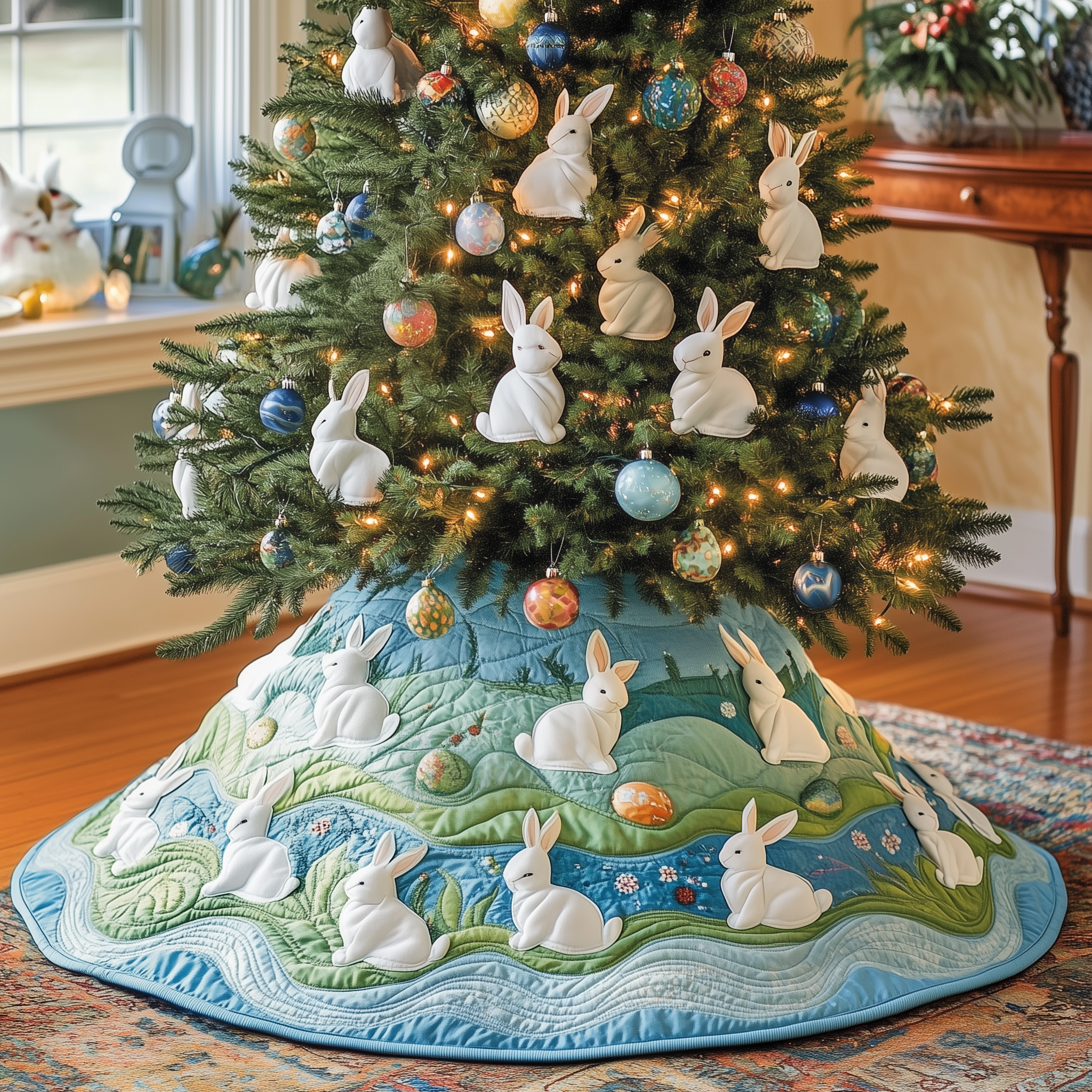 Christmas Rabbit Quilted Tree Skirt Heartwarming Family Gathering Merch
