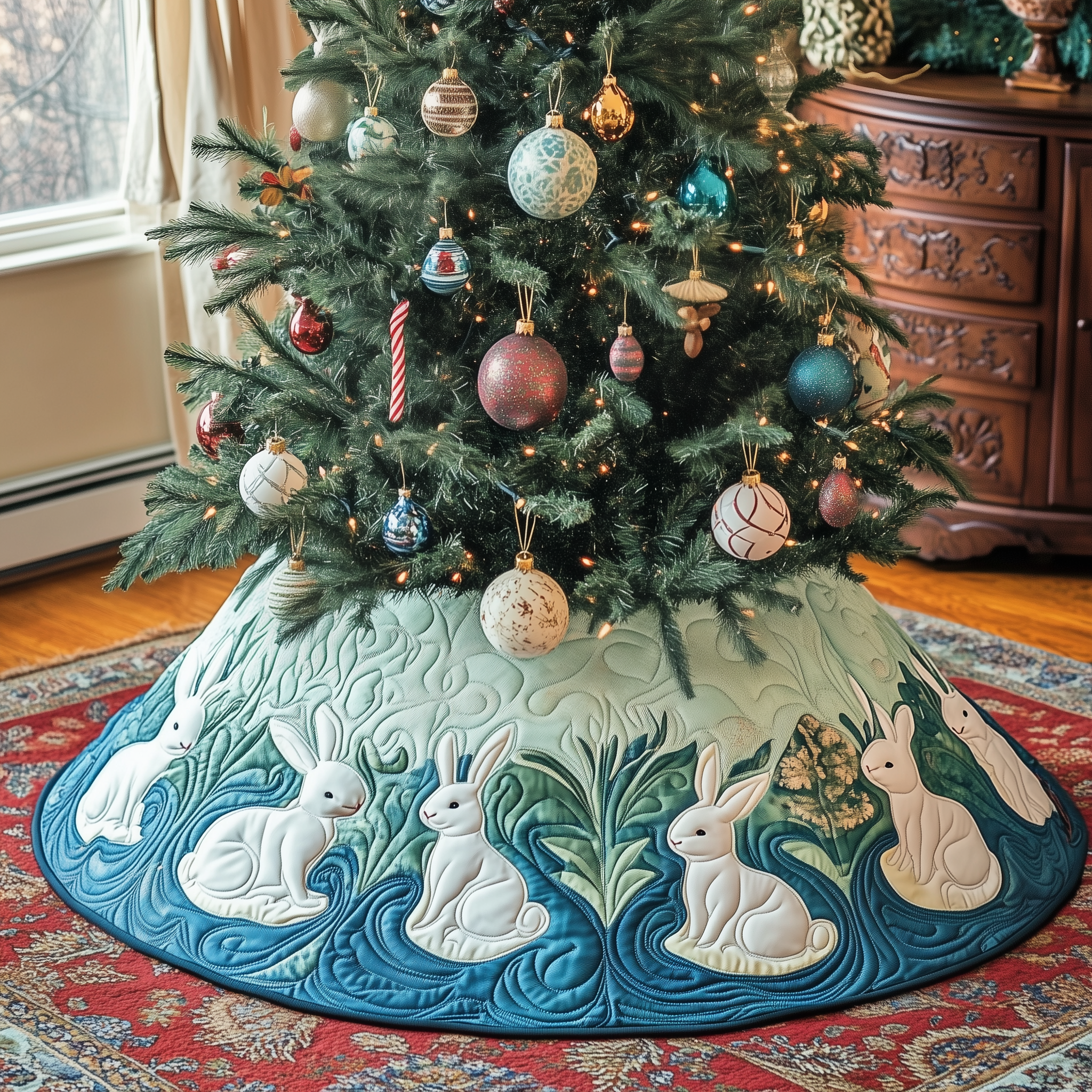Christmas Rabbit Quilted Tree Skirt Holiday Gift Merch