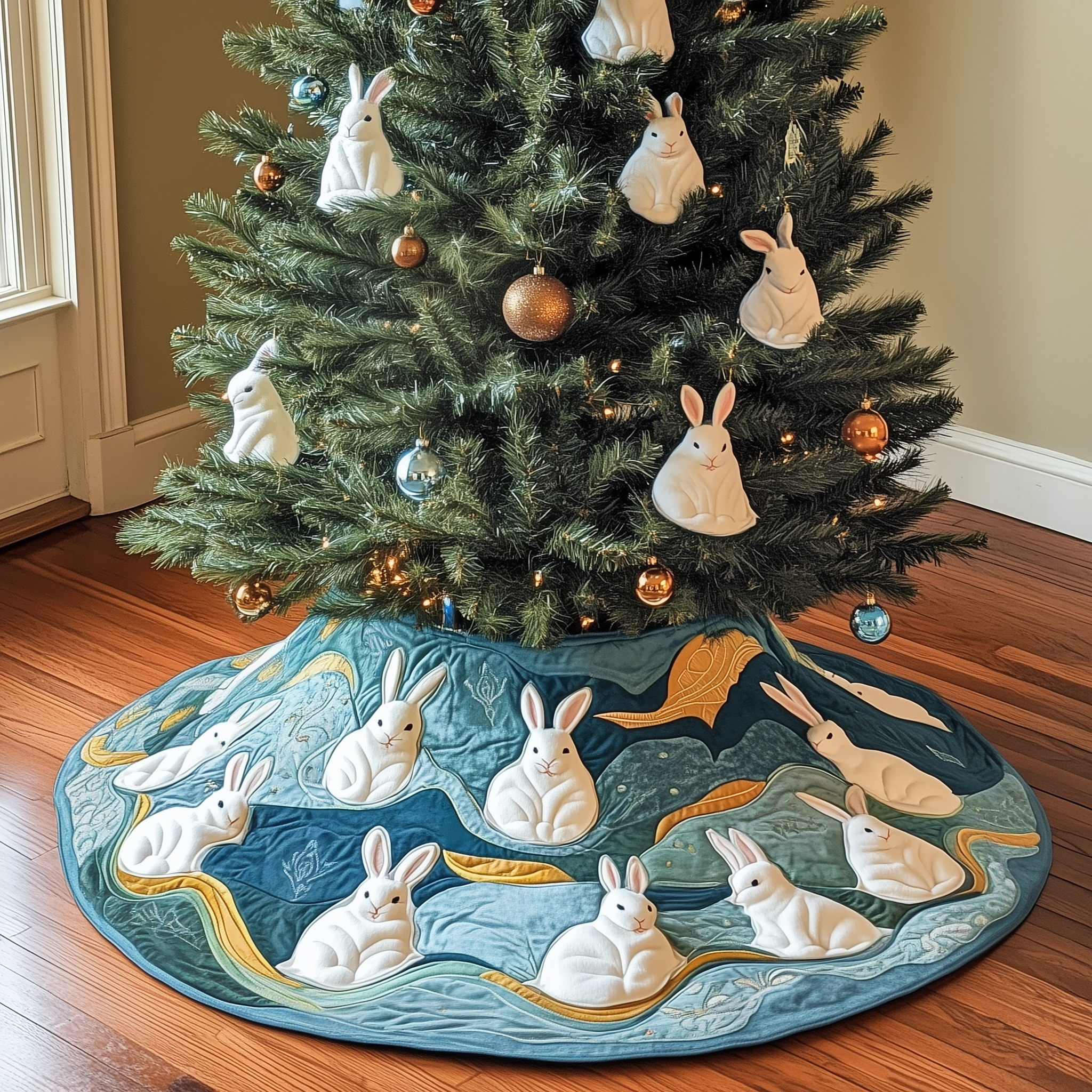Christmas Rabbit Quilted Tree Skirt Perfect Christmas Gift Merch