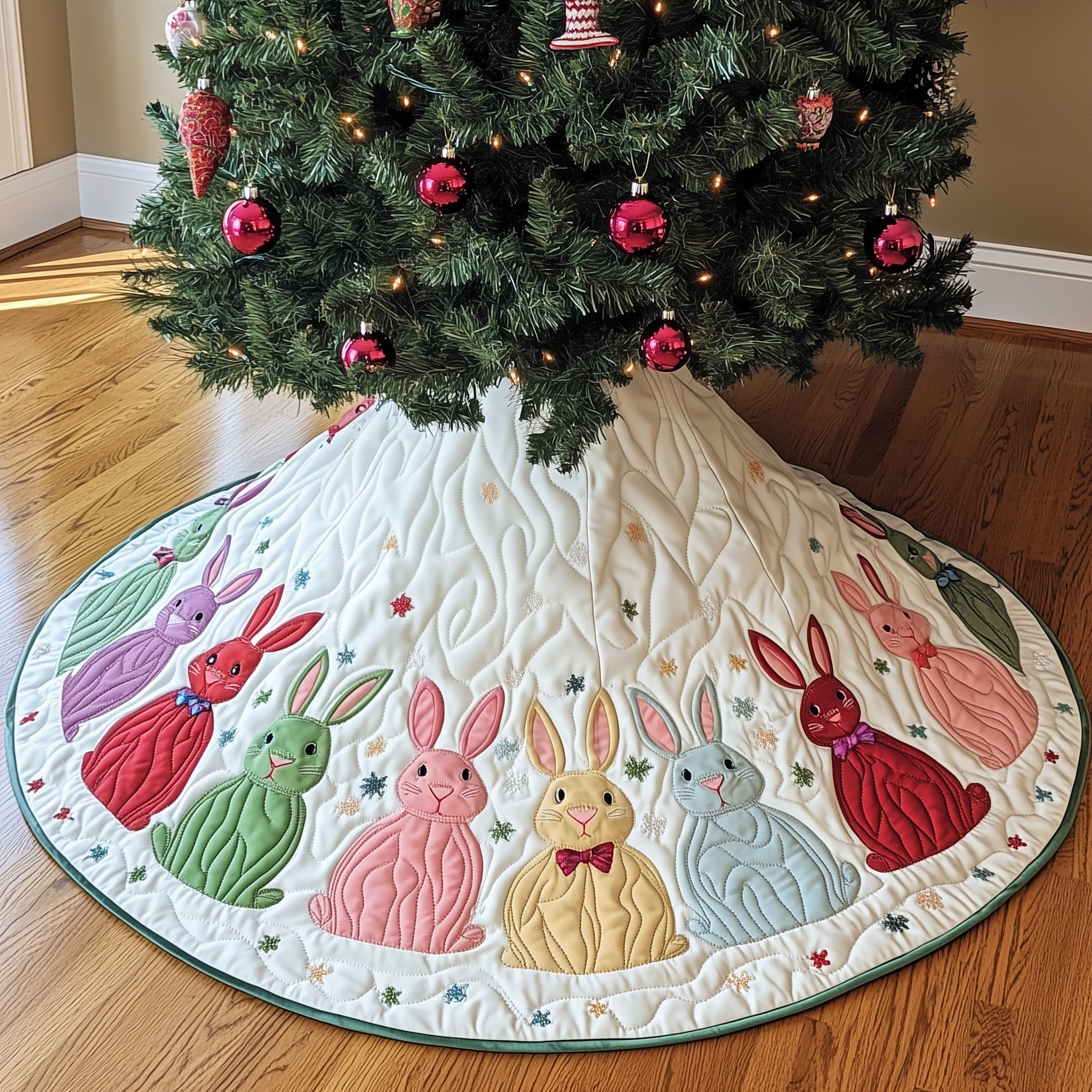 Christmas Rabbit Quilted Tree Skirt Stylish Holiday Decor Gift Merch