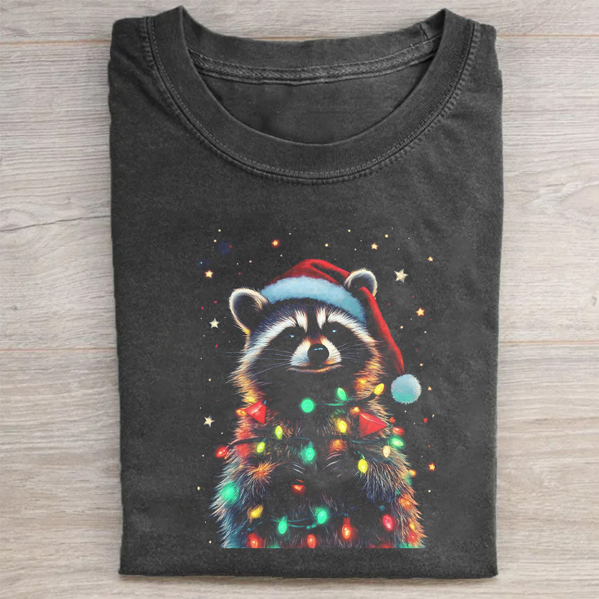 Christmas Raccoon With Lights Graphic T-Shirt Funny Holiday Merch Best Gift For Animal Lovers