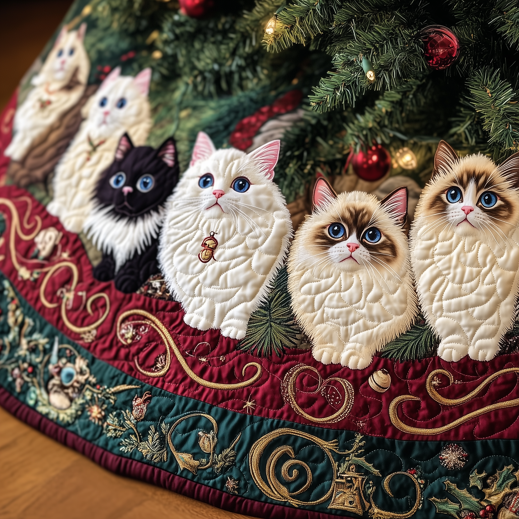 Christmas Ragdoll Cat Quilted Tree Skirt  Holiday Christmas Tree Skirt With Cats Decorations Gifts