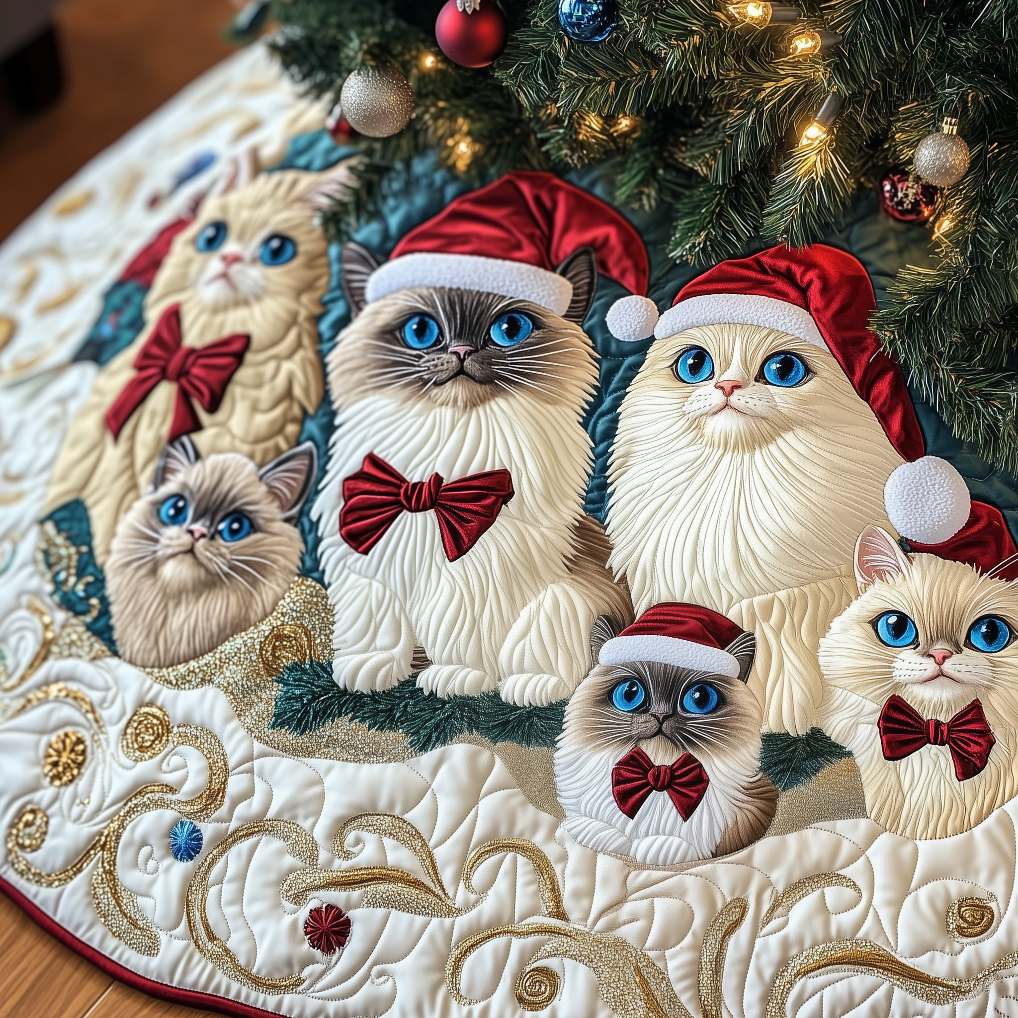 Christmas Ragdoll Cat Quilted Tree Skirt  Holiday Christmas Tree Skirt With Cats Decorations Gifts